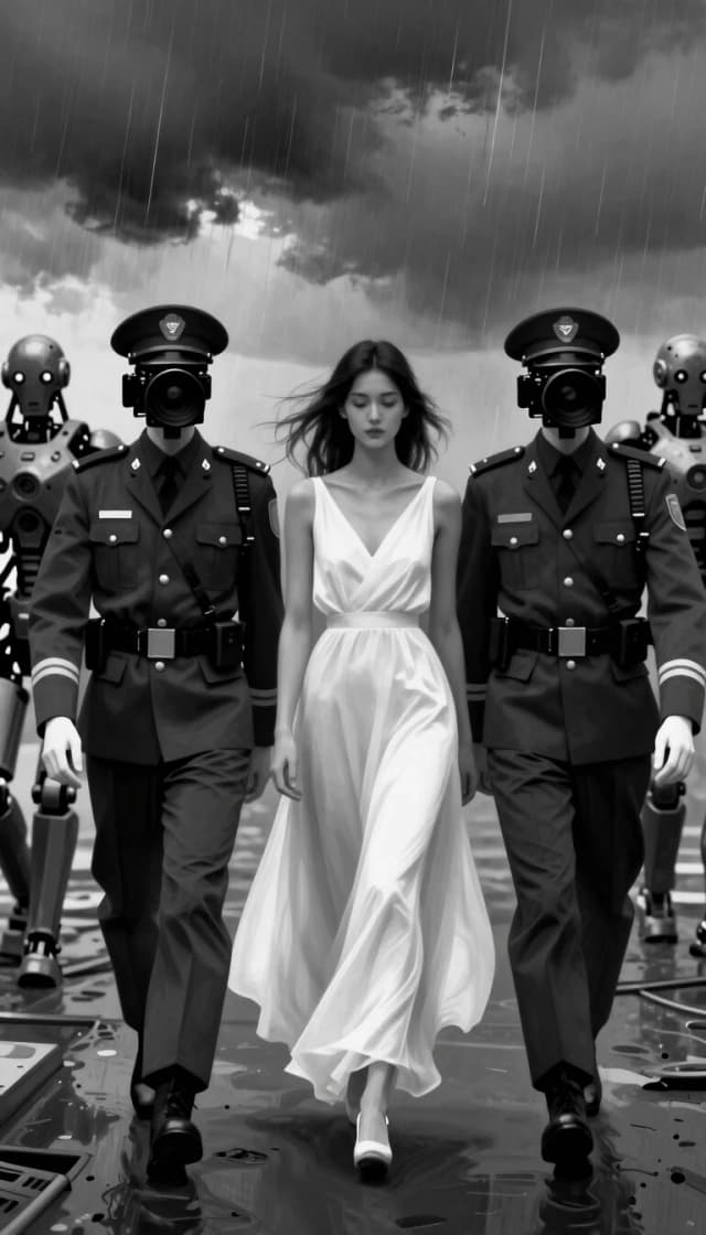 Two figures in dark uniforms walk with camera heads for faces, while a woman in a flowing white dress walks between them under a stormy sky. Apply the desaturate treatment to reshape this scene into a monochrome world where only her gown retains its luminous presence against the grayed surroundings and mechanical forms., digital painting, velithra, YFG-Acrylic style, YFGGigerish style, YFGGraavi, YFGGraavi style, YFGHidden style, YFGRene style, YFG-SimonFlood style, YFG-SRS style <lora:Digital_Painting_Krea2:0.16> <lora:krea2_sunsetblur:0.13> <lora:YFG-Acrylic-Krea2_2k-v1:0.17> <lora:YFG-ChatGPT_4o-Krea2_1.5k-v1:0.13> <lora:YFG-FutureIsDark-Krea2_1k-v1:0.21> <lora:YFG-SpyWorld50s-Krea2_1.5k-v1:0.13> <lora:YFG-Thorn-Krea2_3.2k-v1:0.12> <lora:zy_Cinematic_Shot_K2:0.11>
Steps: 8, Sampler: er_sde_simple, Seed: 748971081827807, VAE: Krea2\qwen_image_vae.safetensors, Model: Krea\krea2_turbo_fp8_scaled.safetensors, width: 1248, height: 1872, Model hash: eb4dd8c612, Clip skip: 1
