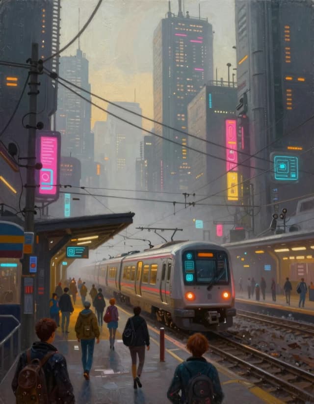 Using this image as a reference, generate an oil painting with a similar composition in a digital painting style, in 896x1152 format. A cyberpunk-style city in the morning mist, featuring towering skyscrapers, neon signs, and illuminated buildings crisscrossed by a dense network of wires. In the foreground, set against the cityscape, a high-tech passenger train is shown arriving at the station. People hurry along the streets, busy with their daily affairs. Selectively add cyber-futuristic elements to the pedestrians' clothing, such as implants, personal smart digital interfaces, and cybernetic prosthetics.