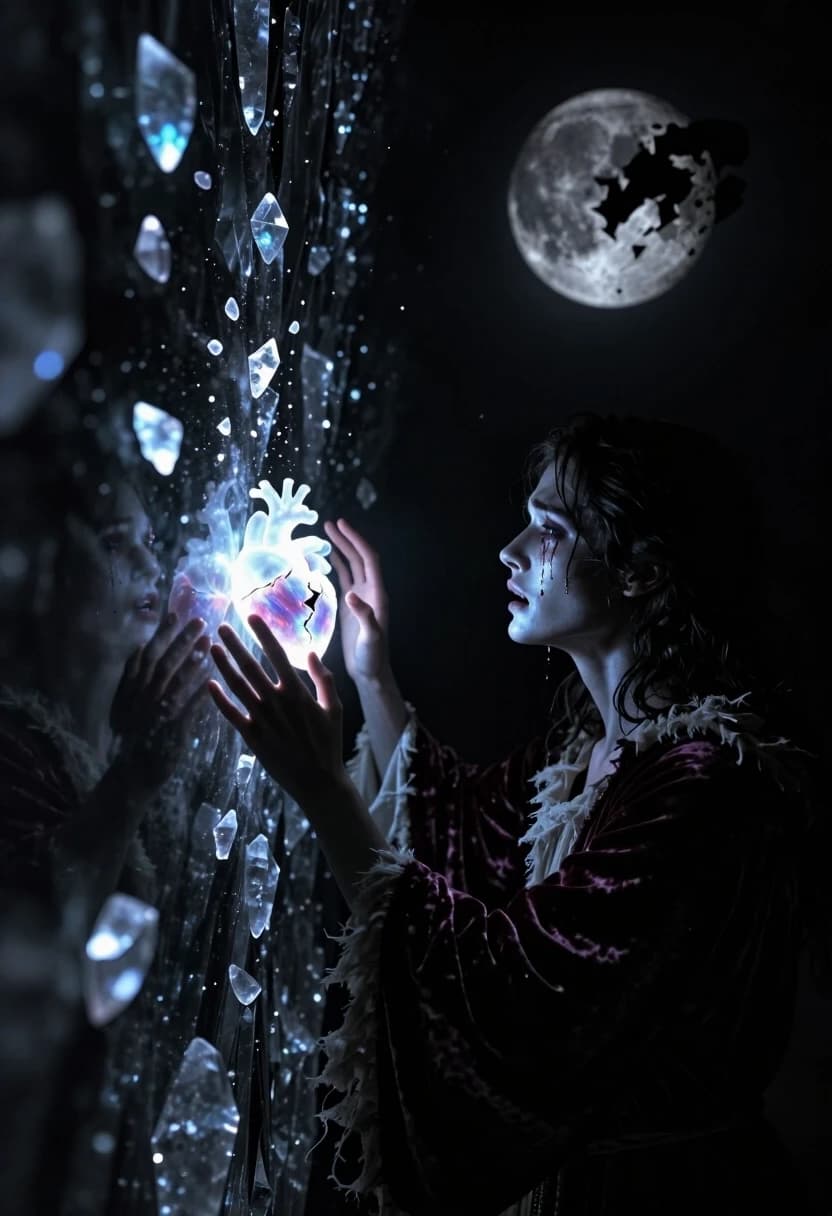 A breathtaking, cinematic masterpiece of "Sad Love" in a dark fantasy style. The scene is a vast, abyssal void where two lovers are separated by an invisible, impassable crystalline wall. The lighting is extreme Chiaroscuro: deep, pitch-black shadows create stark silhouettes, while the only light sources are the bioluminescent glowing fragments of their broken hearts, floating in the air like dying stars.

One lover, a pale celestial being with shimmering skin, presses their hand against the invisible barrier, their face a mask of heartbreaking longing and silent grief. On the other side, a mortal man in tattered velvet robes reaches out, his fingertips barely touching the cold surface. The contrast is violent: blindingly bright iridescent light from the heart-shards clashing with the oppressive, velvety darkness of the void.

Extreme depth of perspective: the lovers are in the foreground, while in the distant background, a shattered moon slowly disintegrates into glowing dust. The light from the floating shards under-lights their faces, creating dramatic, sharp shadows and highlighting every tear. Hyper-realistic textures of cold crystal, soft velvet, and glowing cosmic dust.

Keywords: Chiaroscuro lighting, deep silhouettes, bioluminescent glow, heartbreaking longing, cosmic void, extreme contrast, iridescent light, cinematic depth, hyper-detailed emotional faces.
