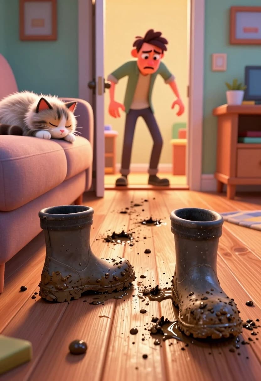 Updated Prompt: «Грязный след и чувство вины» (Style: High-End 3D Animation, Low-Angle Storytelling)*A hyper-realistic 8k 3D stylized render from a low-angle perspective, positioned near the floor. In the immediate foreground, the edge of a cozy, plush fabric sofa is visible, where a fluffy cat is deeply asleep, curled into a soft, innocent cloud. The focus is sharp on a pair of heavy, mud-caked boots that have just stepped onto a pristine, light-colored wooden floor, leaving thick, dark, wet muddy footprints. In the background, framed by the open doorway, stands a man with a deeply confounded and guilty expression. He is frozen in a clumsy pose, half-stepping into the room, his eyes wide with a mix of panic and embarrassment as he looks down at the mess he's making. Lighting: warm, golden indoor light that highlights the cozy home atmosphere, sharply contrasting with the cold, gritty grey mud on the boots. Shot with a wide-angle lens to capture the entire "crime scene": from the sleeping cat to the muddy tracks and the bewildered man in the doorway. Extreme detail on the wood grain, the wet, glistening texture of the mud, the fabric of the sofa, and the volumetric fluff of the cat's fur. Cinematic depth, slapstick storytelling, vibrant and cozy colors.