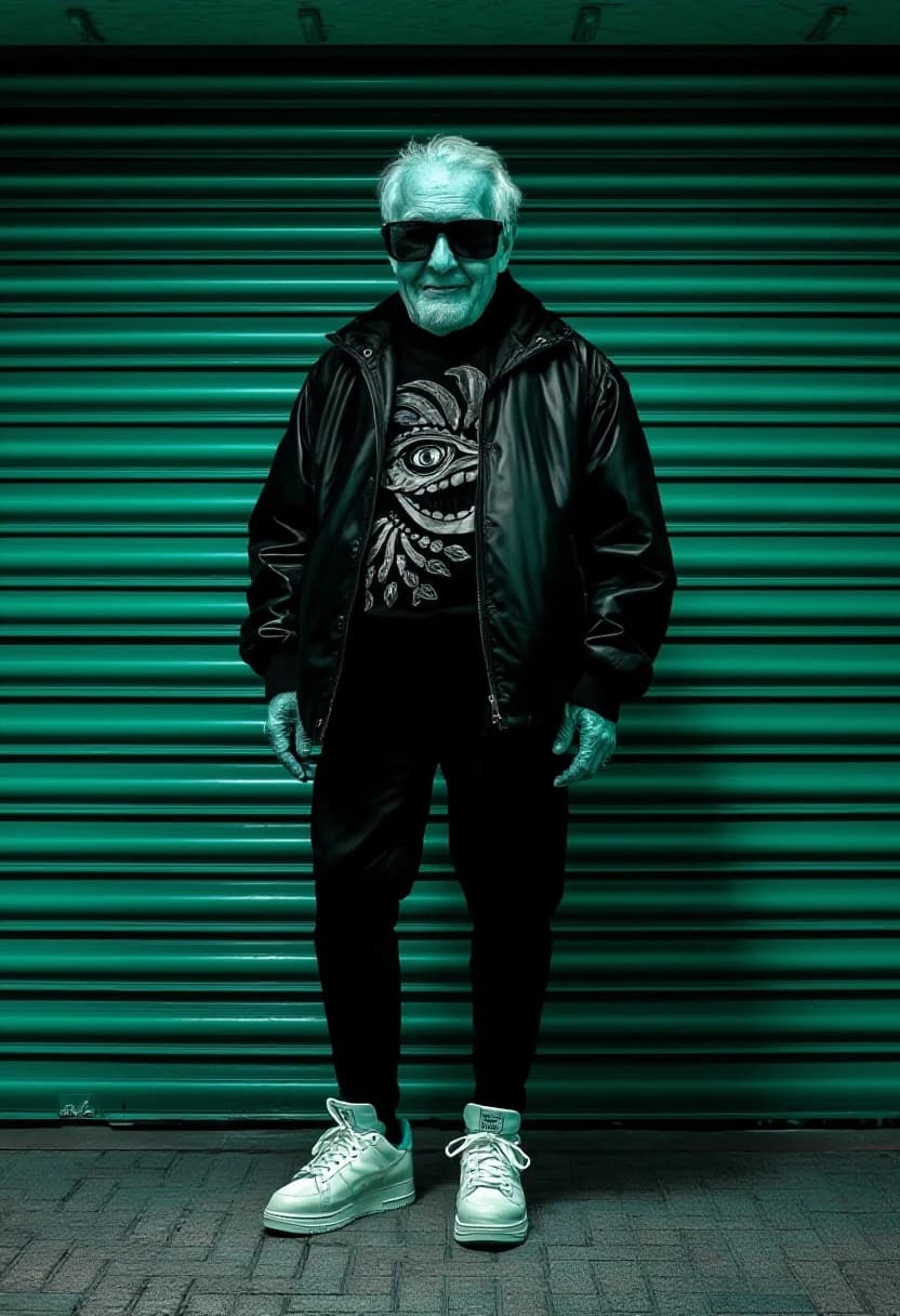 Aesthetics, provocation, photorealism, oversized techno fashion, silhouettes of cool fashionable grandmothers, the real tallest and oldest crazy dad-fashion designer with a model appearance, blinds on garage doors, monochrome, black and turquoise neon, unusual angle, heavy white sneakers, giant fashionable glasses