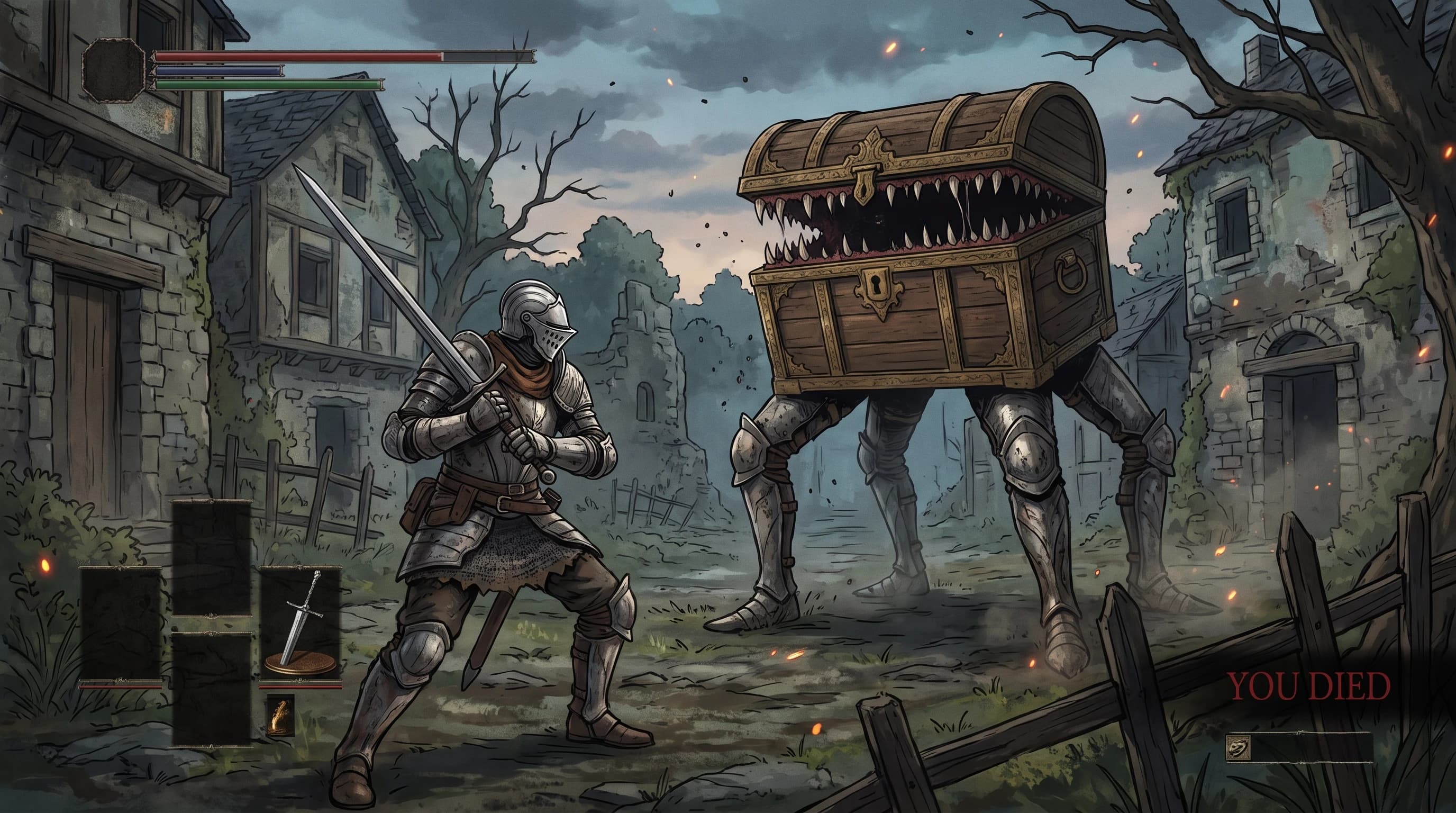 Dark Souls (Game), герой в доспехах Фараама, боевая стойка против сундука-мимика с высокими ногами, на фоне заброшенной деревни, стиль аниме с реалистичными деталями