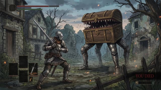 Dark Souls (Game), герой в доспехах Фараама, боевая стойка против сундука-мимика с высокими ногами, на фоне заброшенной деревни, стиль аниме с реалистичными деталями