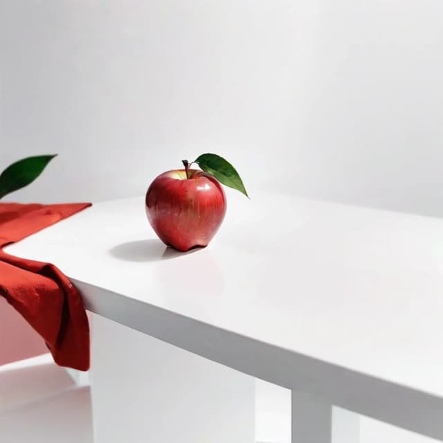 a red apple on a white table
