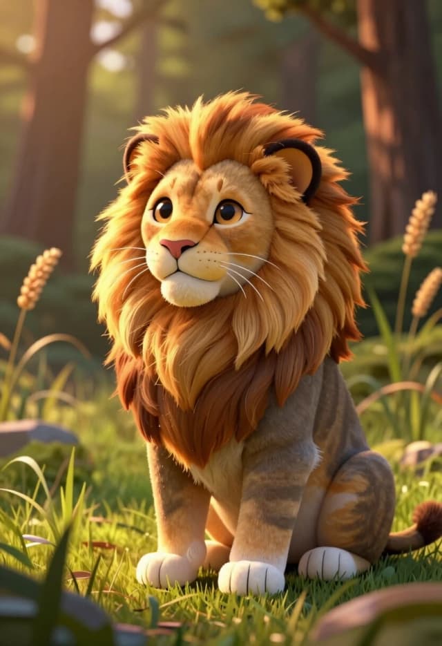 Draw a cute kitten in the image of the “king of beasts” in the style of a photorealistic 3D illustration. The kitten has a classic tabby coat: gray‑brown stripes on its back and paws, a white chest and paw pads; the face is neat, with large, expressive eyes of a warm amber hue, a pink nose, and long white whiskers.

The main feature is the lush lion’s mane of a rich golden‑red colour: the wool fibres are worked out individually, with soft tonal transitions and light “ruffled” areas visible, giving it volume. Two rounded ear‑pieces in a matching tone, with a beige inner side, are seamlessly added to the mane.

The kitten is sitting on a forest clearing in a calm, composed pose: its front paws are positioned evenly, its body is slightly turned at three‑quarters, and its gaze is directed slightly upwards and to the side — as if it has noticed something interesting.

The background is a natural forest landscape: dense green grass, tall cereal stalks with fluffy panicles, and in the background — blurred silhouettes of trees with foliage. The lighting is warm, “sunset”‑like: golden rays gently illuminate the kitten’s mane and contours, creating a glowing effect along the edge of the fur; the shadows are soft and not contrasting.

The level of detail is high: individual whisker hairs, the texture of the grass, light highlights in the eyes. The composition is a medium shot, with the focus on the kitten; the background is slightly blurred (bokeh effect).