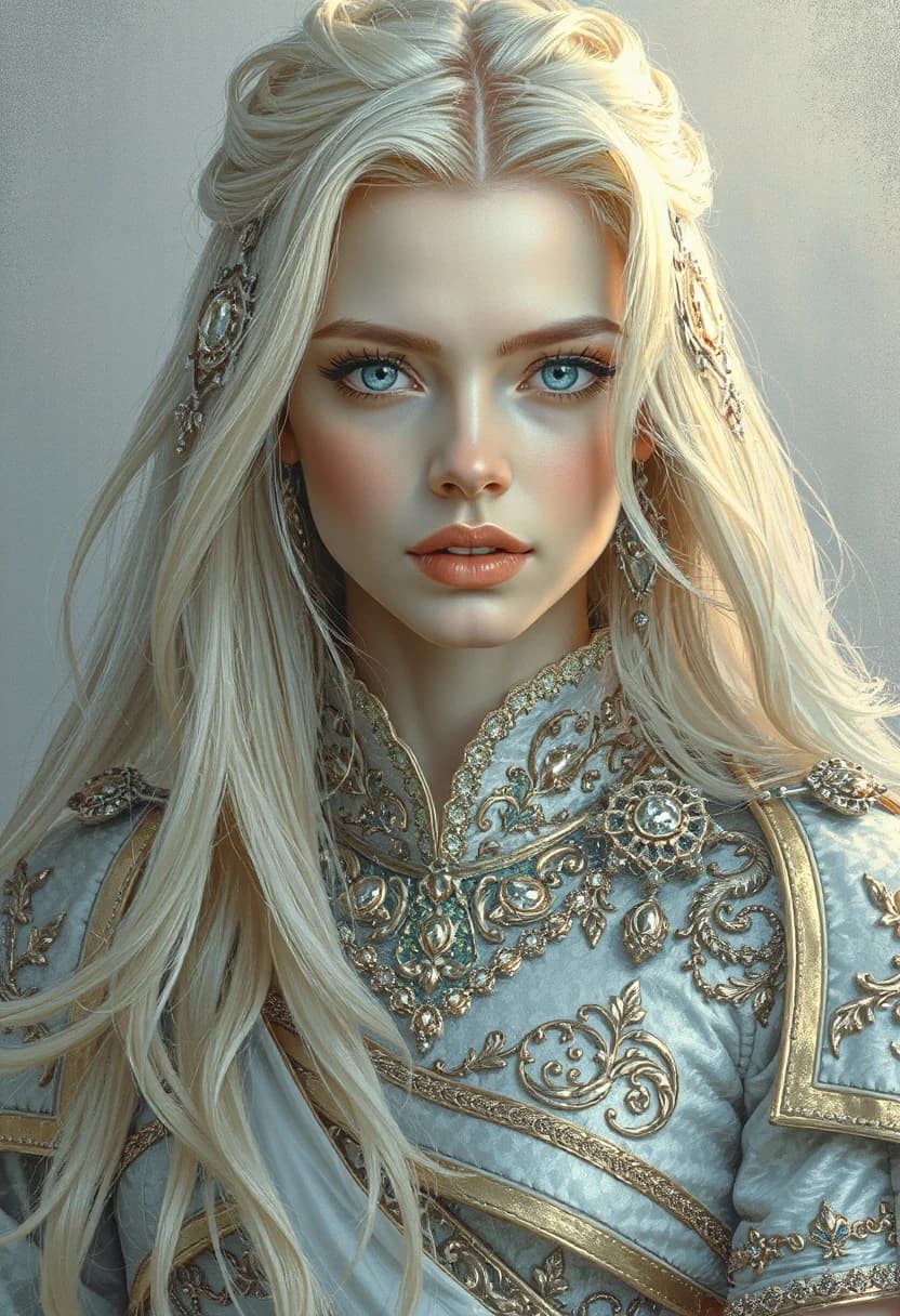 A portrait of Meriada, a woman with a striking, cold, and ethereal beauty. She has long, flowing platinum-blonde hair that looks like spun silk. Her features are sharp, porcelain-refined, and aristocratic, with piercing, icy-blue eyes that feel calculating and detached. Her skin is pale, almost translucent. She wears intricate, luxurious, and ornate garments in shades of white, silver, and gold, emphasizing her high status and artifice. The lighting is crisp, cold, and high-contrast, highlighting her polished, flawless appearance. Hyper-realistic, dramatic, sophisticated, masterpiece, artistic style reminiscent of high-fantasy elegance.