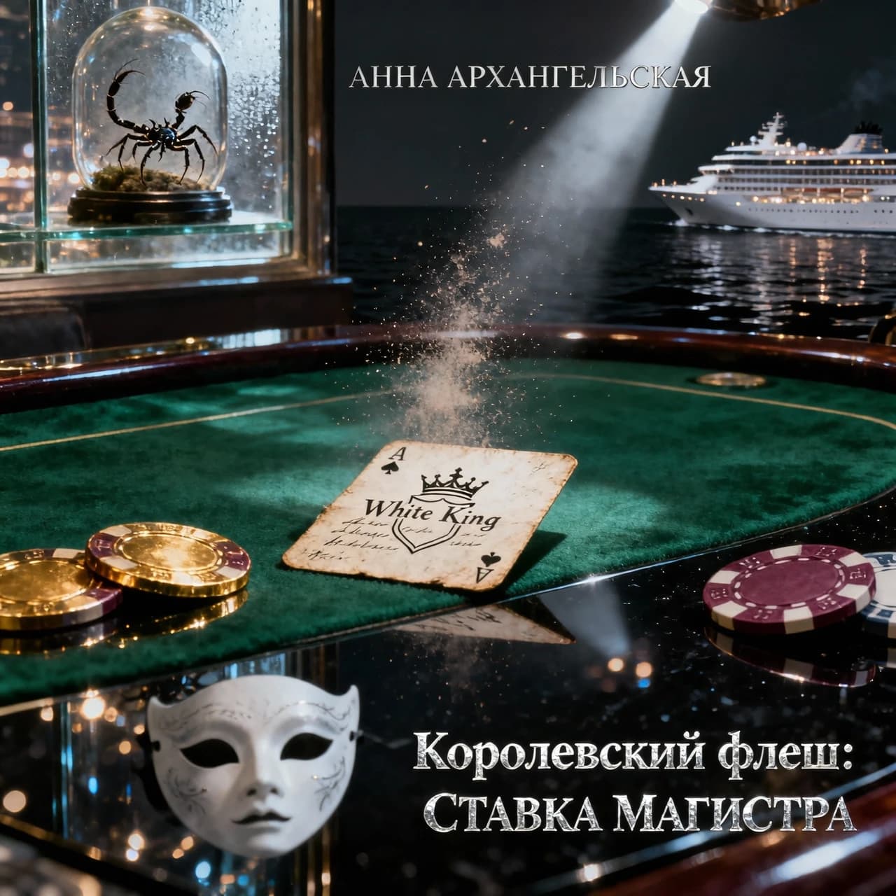 Premium A5 book cover for a detective thriller, vertical orientation. Cinematic realism, hyper-detailed photorealism. 

Composition: A macro close-up shot of a professional poker table covered in deep emerald-green felt. In the center, a single, slightly worn playing card—a "White King" without a suit, featuring a minimalist crown contour and an empty shield. The card is textured, with faint, handwritten script visible through the paper as light bleeds through it. Beside the card lie two or three high-end casino chips and a sharp, thin crack of light cutting through the darkness, like a focused spotlight. 

In the polished, dark reflection of the table's surface, there is a ghostly, sophisticated white masquerade mask and the blurred, bokeh lights of Monte Carlo. In the upper corner, subtly out of focus behind frosted glass, a small, elegant terrarium reveals the faint, non-grotesque silhouette of a scorpion. In the far distance, visible through a window, a magnificent, glowing modern cruise liner glides on the dark sea.

Atmosphere: Cold luxury, intellectual tension, and an impending sense of threat. A light haze hangs in the air with microscopic dust particles dancing in a single dramatic light beam.

Color Palette: Deep obsidian black, rich emerald green, polished gold, subtle blood-burgundy accents, and sharp silver highlights.

Typography (Russian language only):
Top: "АННА АРХАНГЕЛЬСКАЯ"
Королевский флеш:
СТАВКА МАГИСТРА