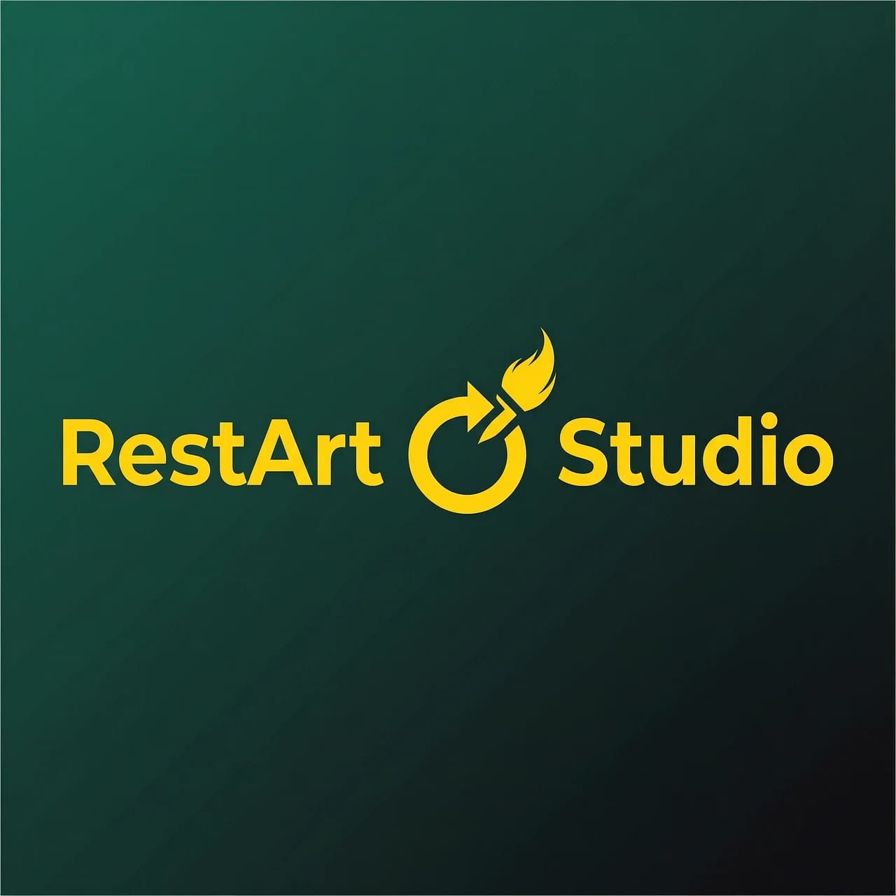 Логотип для студии детейлинга.
Название: RestArt Studio
Композиция по горизонтали: слева слово "RestArt", по центру знак перезагрузки, справа слово "Studio".

Знак перезагрузки:
- Круглая стрелка, замкнутая в кольцо (⟳)
- Стрелка на конце выполнена в виде кисточки — хвост стрелки превращается в тонкий кончик кисти
- Сама кисть графичная, без ворса, без капель, без мазков — только строгий контур
- По размеру равна высоте букв
- Расположена строго между словами на одной линии с текстом

Цвета:
- Фон: мягкий градиент от тёмно-изумрудного (#003D2E) до глубокого чёрно-зелёного (#001A14)
- Все буквы: только ярко-жёлтые (#FFD700)
- Знак перезагрузки в виде кисточки: ярко-жёлтый (#FFD700)
- Больше никаких цветов нет

Шрифт:
- Строгий геометрический шрифт без засечек (как Helvetica, Gotham, Montserrat)
- Все буквы заглавные, ровные, чёткие, жирное начертание (Bold)
- Никаких курсивов, наклонов, декора

Строгие требования:
- Никаких брызг, капель, мазков, полос, лучей
- Никаких теней, объёмов, 3D, свечений
- Никаких лишних элементов
- Только: слово "RestArt" + знак перезагрузки в виде кисточки + слово "Studio" на градиентном фоне
- Стиль: минимализм, плоский вектор, строгая геометрия
- Горизонтальная центрированная композиция