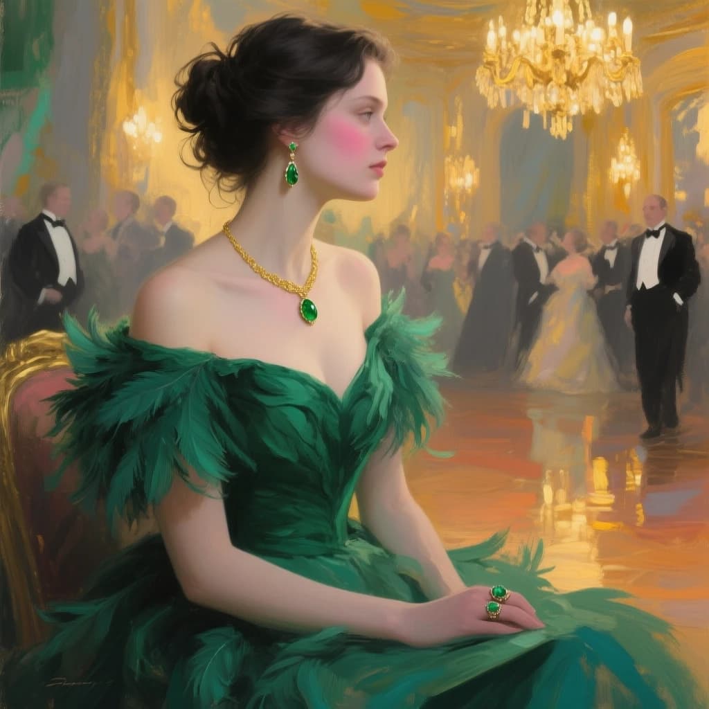 A glamorous portrait of a young woman in elegant profile, seated in a lavish ballroom, wearing an off-the-shoulder emerald green gown rendered with layered, feather-like brushstrokes; delicate gold necklace with a green gemstone, matching dangling earrings and rings; dark hair loosely swept into a messy bun with wispy tendrils, luminous skin with soft rosy blush, poised aristocratic neck and graceful posture. Background: impressionistic oil-painted ballroom with warm golden chandeliers, indistinct well-dressed guests in tuxedos, shimmering reflections and abstracted textures. Style: highly detailed oil painting with visible impasto brushwork and thick textured strokes; rich palette of deep greens, teal, golds, warm ochres and muted grays; dramatic yet soft directional lighting from the right casting warm highlights and subtle shadows across her face and dress. Composition: close three-quarter panoramic crop focusing on upper torso and face, strong profile silhouette against painterly abstract backdrop. Mood: refined, nostalgic, romantic, slightly mysterious, emphasize tactile brush texture, vintage glamour and harmonious contrast between cool greens and warm golden highlights.