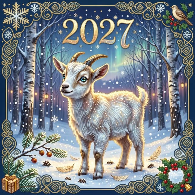 Сказочный козлёнок на фоне зимнего заснеженного леса, новый год, текст 2027. В стиле Глиттер: магический реализм, природная симфония, формы растворяются в цвете, линии текут как вода, полупрозрачные слои с акварельной текстурой, замысловатые орнаменты по углам композиции. Высокое качество, 4k, октановое число, кинематографическое освещение, драматическая композиция, глаза с повышенной детализацией, нежная текстура кожи, профессиональная фотография, глубина резкости, камера Leica, тенденции artstation, эффектное освещение, мистическая атмосфера, детализированные текстуры, объемное освещение, работы Виктора Васнецова и Ивана Билибина, стиль живописи гуашью, стиль Русские сказки, фотореализм. Атмосфера радости и безмятежности.