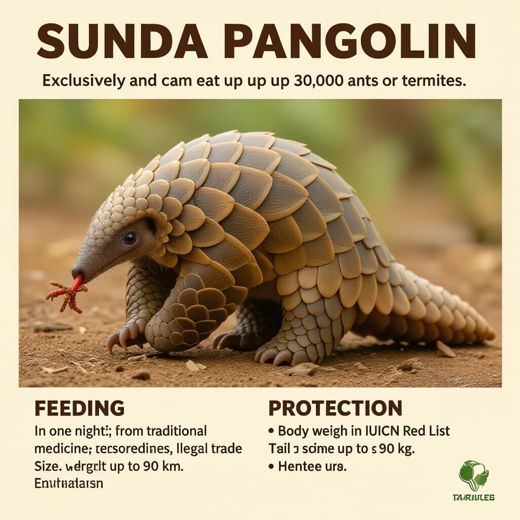 Плакат: Sunda Pangolin (Яванский панголин)




🍽 Что едят?

    Рацион: исключительно муравьи и термиты. Панголин использует длинный липкий язык для ловли насекомых.
    Питание: за ночь один панголин может съесть до 200 000 муравьев или термитов.

⚖️ Сколько весят?

    Вес: взрослые особи весят от 5 до 7 кг, иногда до 10 кг.
    Размеры: длина тела 30–88 см, хвоста — до 90 см.

🛡 Угрозы и охрана

    Основные угрозы: браконьерство (используются в традиционной медицине), вырубка лесов, нелегальная торговля.
    Статус: включён в Красную книгу МСОП как «Критически уязвимый вид».

🌿 Интересные факты

    Яванский панголин — самый чешуйчатый зверь на планете.
    При опасности сворачивается в шар, защищаясь кератиновыми чешуями.
    Единственный представитель млекопитающих с такой защитой. Яванский
вмести всю эту информацию в одну картинку