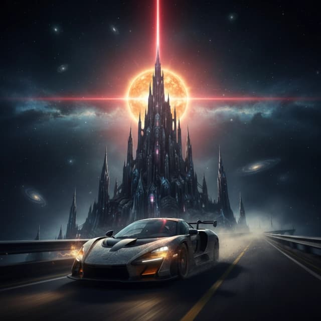 McLaren Senna, едет по дороге, эпичный ракурс, эффект скорости, горящие фары, на фоне космической  очень высокого здания  , из здания направлен красный луч в сторону солнца ,  highly detailed, fantasy art, D&D style, epic mood, 8k resolution, sharp focus, concept art. кинематографичное освещение