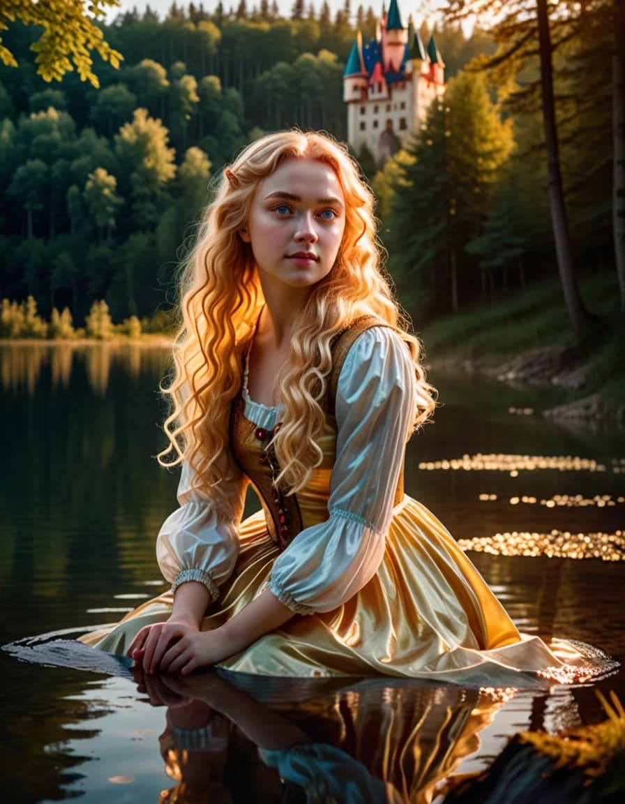 A magical cinematic portrait of Goldilocks (Zlatovlaska) from the Czech fairytale. A stunningly beautiful young woman with flowing, vibrant golden hair that literally glows with soft magical light. She is sitting by a crystal-clear forest lake, touching the water. A fairytale castle in the background, warm golden hour lighting, enchanted forest, masterpieces aesthetic, fairytale concept art.