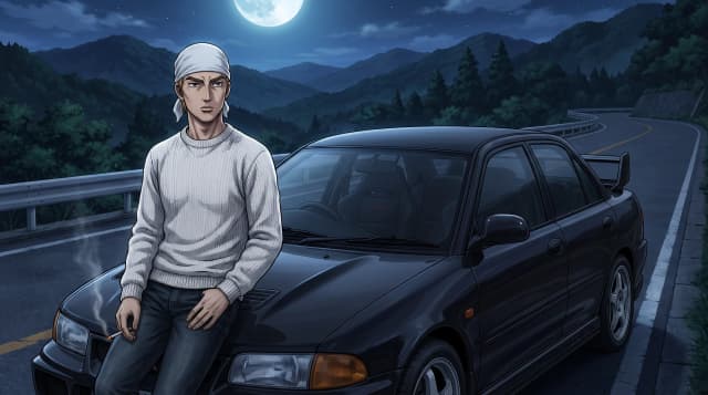 Initial D (Аниме), Кёичи Судо (парень в белой кофте и в джинсах, мышцы, короткие светлые волосы с белой банданой, серьезный взгляд, курит) стоит радом с черной Mitsubishi Lancer Evolution III GSR, стоит на горной дороге, на фоне японских гор, ночь с луной, шедевр, крупный план, стиль аниме с реалистичными деталями