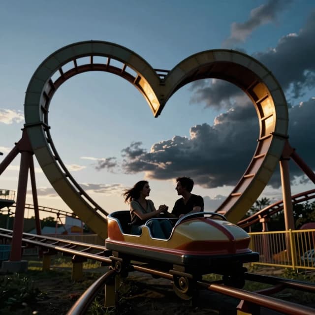 Cinematic wide shot of two silhouettes, a man and a woman, sitting side by side in a vintage rollercoaster cart, their hands tightly clasped together. The rollercoaster track is uniquely shaped like a giant, dramatic heart, with one half of the track rising steeply into bright golden sunlight and a clear blue sky (representing euphoria and passion), and the other half plunging sharply into dark stormy clouds and shadows (representing instability and emotional lows). Their facial expressions show a mix of excitement, fear, and determination. The scene is set in a surreal, empty, dreamlike amusement park at twilight. Surreal, emotional, dramatic chiaroscuro lighting, contrast between light and dark, intense but hopeful atmosphere, photorealistic, 8k, shallow depth of field, 4:5 aspect ratio.