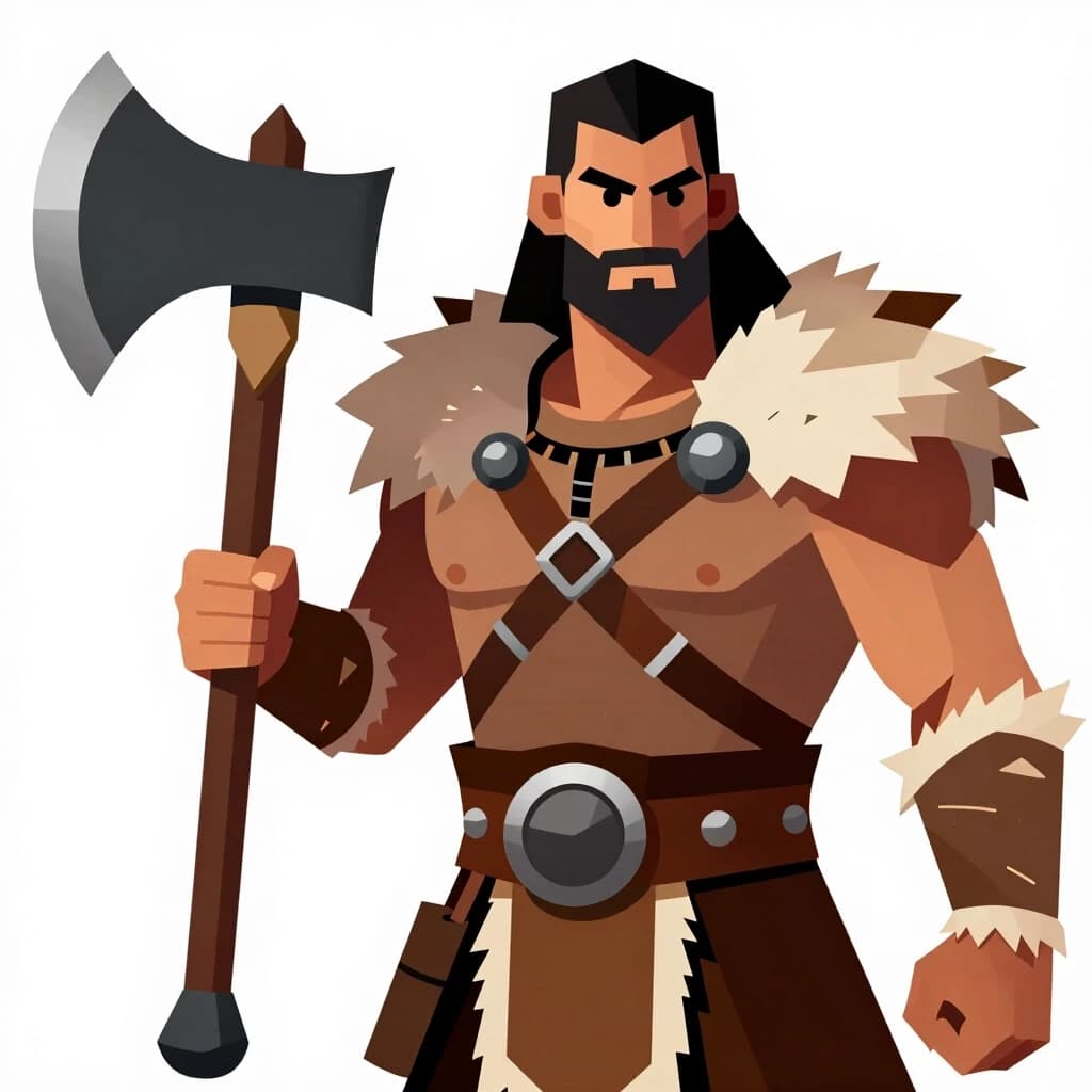 Prompt: Digital fantasy illustration of a human barbarian character, [ATTACH YOUR PHOTO HERE], based on the facial structure of the man in the image, warrior expression, wearing primitive tribal gear and furs, holding a massive axe, stylized fantasy art style, sharp focus, volumetric lighting, D&D character concept art, artstation style.