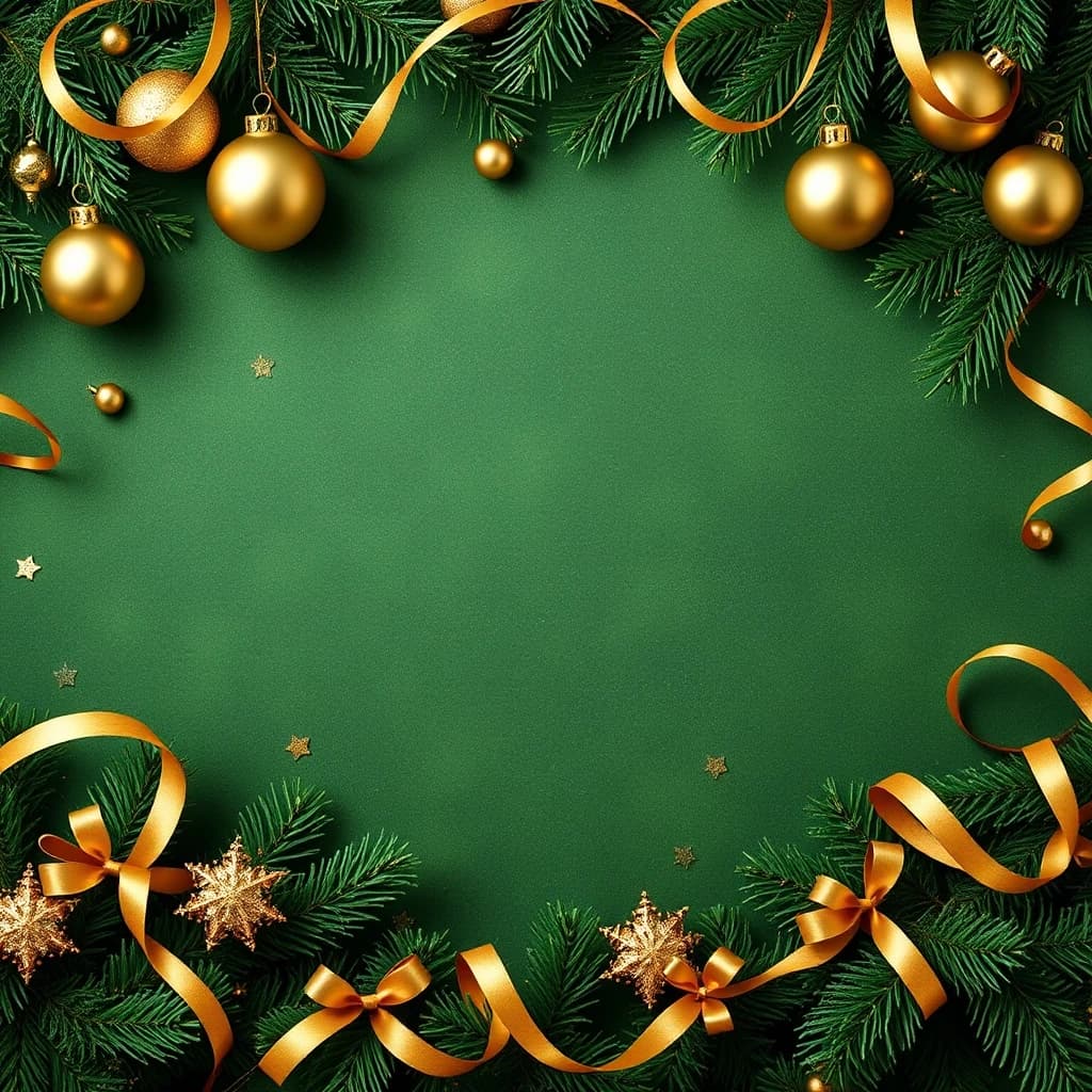 Christmas decorations wallpaper. Green natural background with golden baubles, ribbons, garlands. There should be a free space in the center.