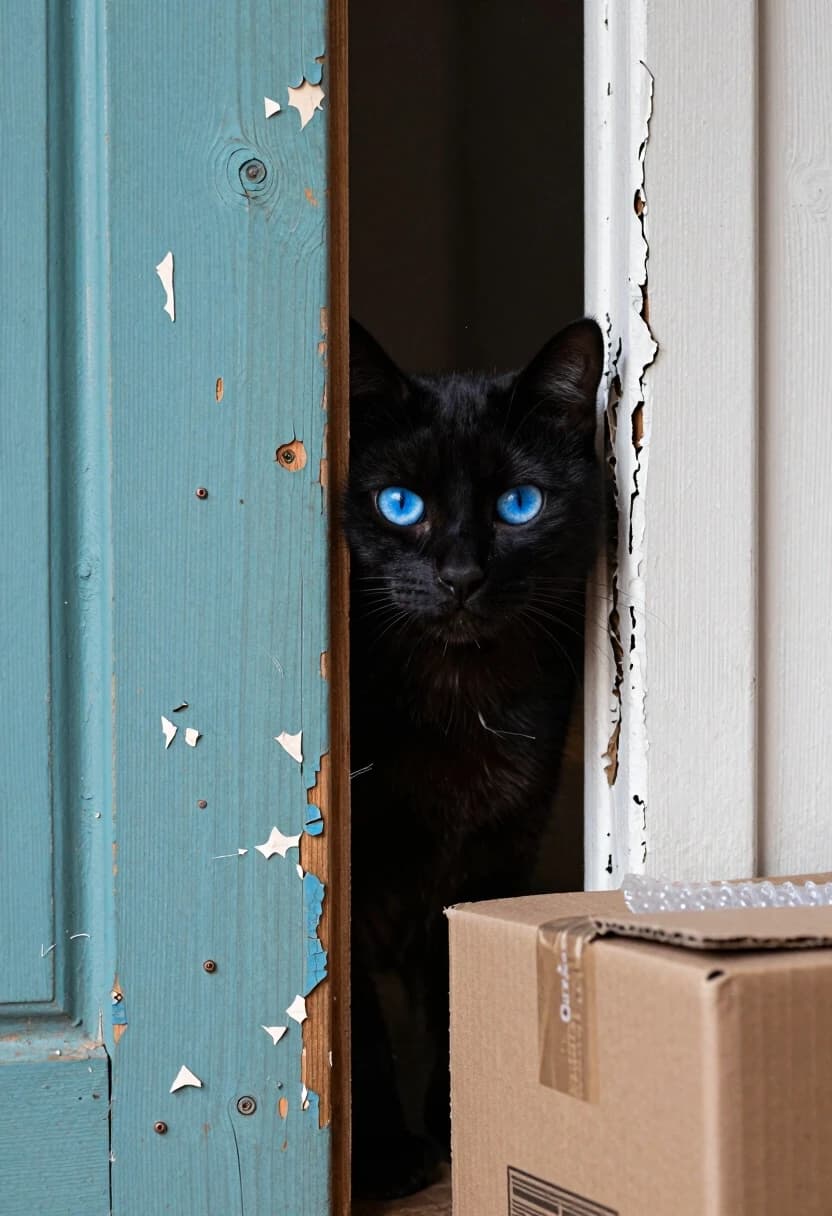 Composition: tight vertical frame focused on the door’s gap. On the left, a wooden plank with peeling turquoise paint—layers of faded blue, white, and raw wood exposed by cracks and flakes; visible grain, knots, and small nail heads. On the right, a plank with chipped off-white paint revealing rough, darkened timber underneath; deep fissures and curled paint edges add texture. Between them, a narrow vertical gap.

In the gap: the face and upper chest of a sleek black cat. Striking vivid blue eyes fixed forward with an alert, curious expression. Fine whiskers extend into the gap; subtle fur texture shows individual hairs and soft shadows.

At the bottom right, just visible beside the white-painted plank: the corner of a brown cardboard delivery box. The box stands upright, slightly tilted; one flap is partially open, revealing a glimpse of bubble wrap inside. The cardboard shows creases, a printed shipping label with faint barcode, and a small tear along the edge.

Lighting: soft, diffused daylight from the front-left, casting gentle shadows in the paint’s cracks and highlighting the cat’s eye shine and the box’s corrugated texture. Subtle dust motes float in the air.

Atmosphere: moody, intimate, and slightly mysterious—a candid moment of curiosity against a backdrop of rustic decay.

Focus: razor-sharp on the cat’s eye and the paint’s flakes; very slight depth-of-field blur on the box’s distant corner and the dark interior behind the gap.

Camera settings: 85mm equivalent lens, f/2.8, ISO 400, minimal motion blur, high micro-contrast to emphasize every chip, fiber, and whisker.

Style: documentary-grade realism—no filters or stylization, just the raw textures and quiet drama of the scene.