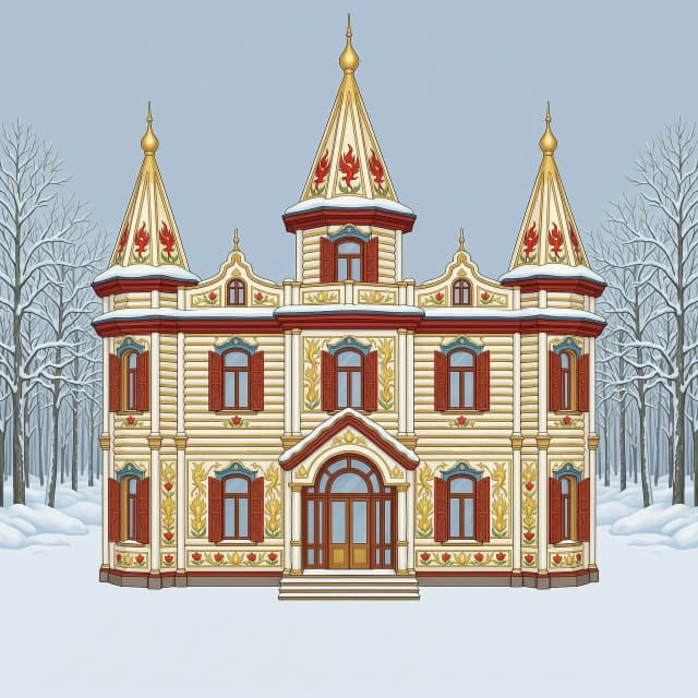 create a drawing of a tower, a royal estate, 2 floors, with turrets, kokoshniks, scarlet flowers and firebirds on tiles, carved columns, many colored murals on the facade, built in the style of Russian folk tales from round logs, with turrets, wide side extensions and arches; colors: many golden murals, white, red, with blue accents; fabulous style, bright colors, glossy gold patterns, carved shutters with three-dimensional patterns, many carved elements and patterns in the folk Russian style, reminiscent of the Summer Palace of Tsar Alexei Mikhailovich in the Kolomenskoye Museum Reserve, in the background — a winter fairy forest with snowdrifts; 3D illustration"Draw the house strictly full-face, without turns, so that the facade is fully visible, without a side corner." “Generate an image of the house facing forward, with the front facing the camera. Do not allow any tilt or angle.” “Draw the house frontally. Avoid three‑quarter or profile angles. “Focus on the facade: the entire house, without any rotations. Emphasize the symmetry and the frontal plane.
• Projection: there must be a clear frontal (orthogonal) projection.” It completely lacks perspective projections: the vertical logs extend strictly upward, while the horizontal lines of the cornices and floor extend strictly to the left and right, without the slightest tilt toward the vanishing point. The building looks absolutely flat, like an architectural design drawing or an ideal theatrical backdrop.
• Symmetry: the left and right sides of the tower are mirror images of each other relative to the central axis. The central tower, the porch, and the roof ridge are aligned on the same straight line.
• Composition (wide format): the image is panoramic. The entire facade is visible from the edge of the left wing to the edge of the right one. The low horizon line allows the building to be shown in its full two‑story height with towers, without cutting off the roof.
• Facade details:
• Walls: massive crowns made of round white logs.
• Decor: a continuous carpet of glossy gold painting on a white background, carved red window surrounds depicting fire‑birds and scarlet flowers.
• Shutters: the three‑dimensional carving rises above the wall surface, creating a complex interplay of light and shadow even under frontal lighting.
• Background: the winter forest is located far behind the house. Due to the lack of perspective, it seems as if the trees are glued to the background; they do not obscure the corners of the building and do not distort the perception of its strict geometry. Snowdrifts lie on the flat white field.