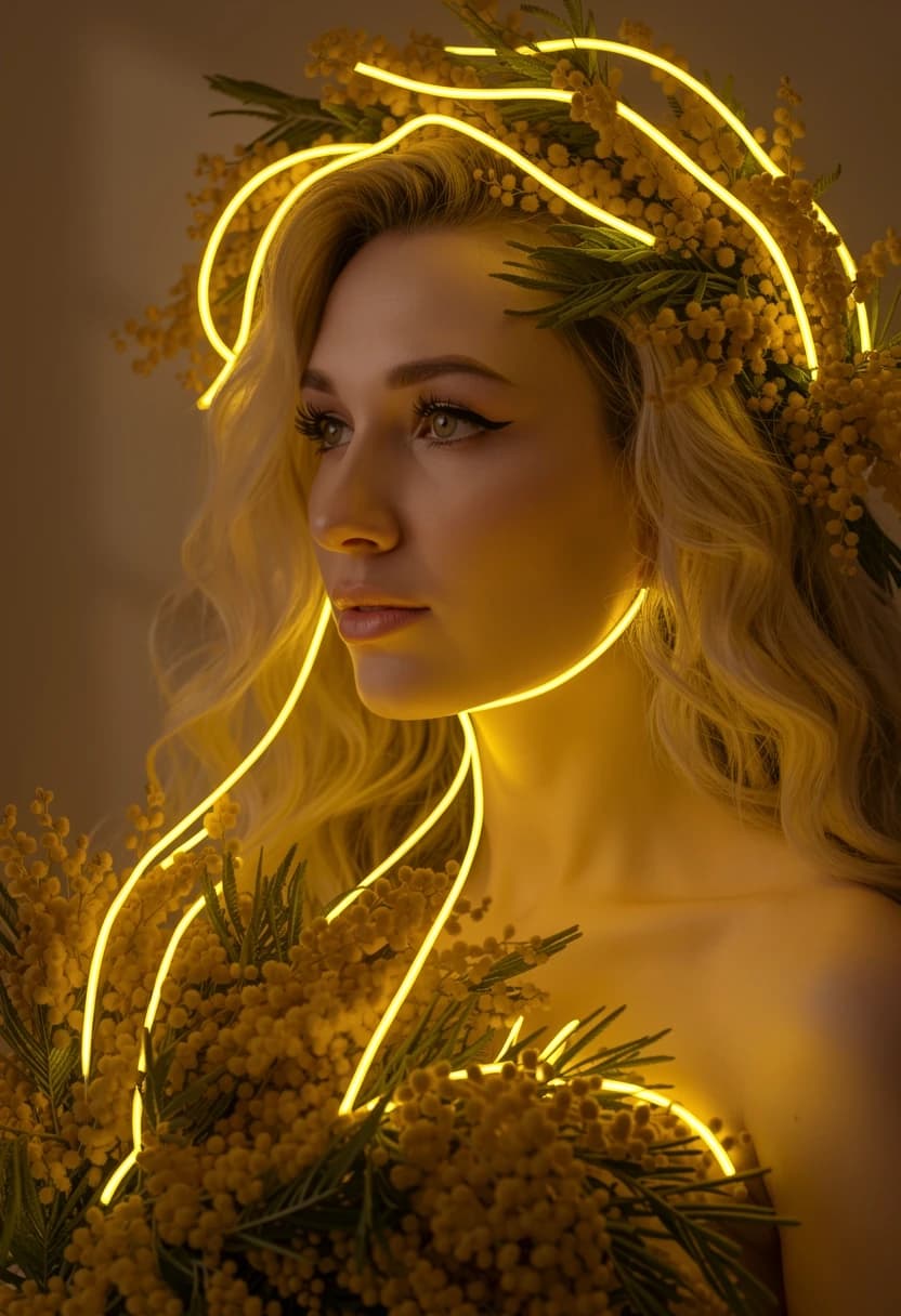 Detailed photo of the girl, with just a few minimal 8mm yellow LED neon lines as elegant accents on top of the flowers. Low density neon, simplified sparse light layout, large clean spaces between neon lines, only key contours are illuminated, bold single continuous tracks, perfect face preservation
