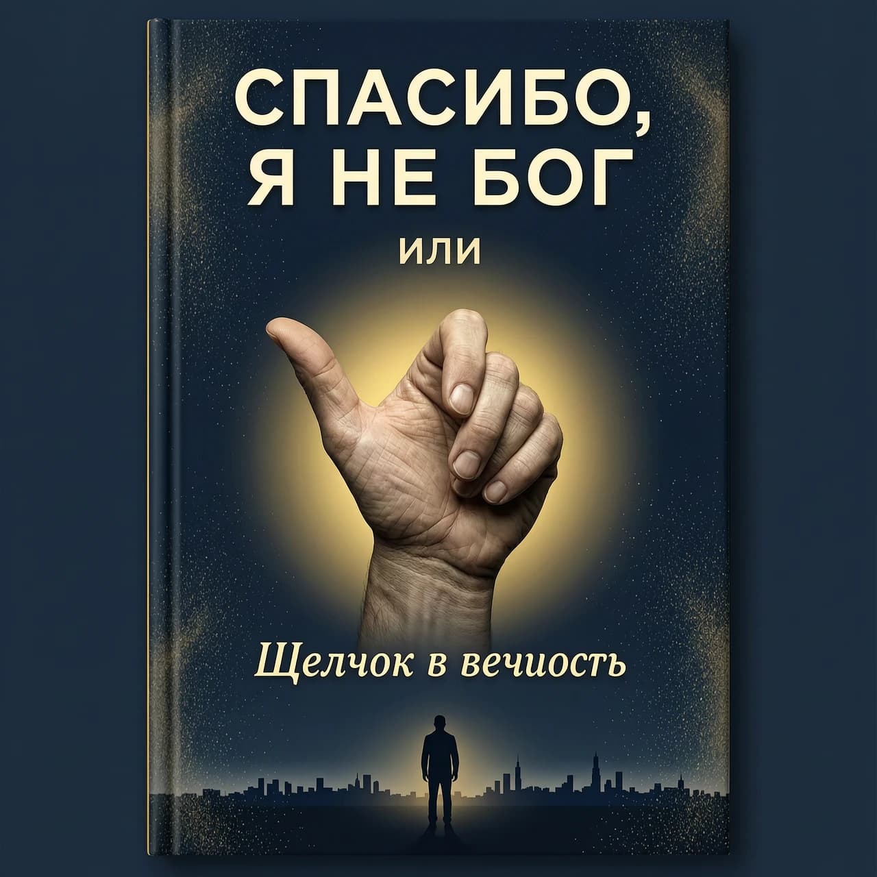 создай обложку книги на русском языке Фон: Тёмно-синий, почти чёрный, с лёгкой текстурой, напоминающей песок или пыль.
Центр: Крупным планом, вид от первого лица - ладонь направлена от нас и вперед— мужская рука, пальцы которой готовы к щелчку пальцами - большой и средний пальцы соединены, безымянный и мизинец прижаты к ладони, указательный смотрит в сторону от нас,. Вокруг них — мягкое золотистое свечение.
Верхняя часть (крупно):
СПАСИБО, Я НЕ БОГ
Чуть ниже (мелко): или
Внизу под всем изображением (курсивом, чуть крупнее «или»): Щелчок в вечность
Под текстом: Едва заметный силуэт одинокого человека на фоне бесконечного горизонта и ночного города
Цветовая гамма: Чёрный, тёмно-синий, золотой. Минимализм, строгость, атмосфера одиночества.