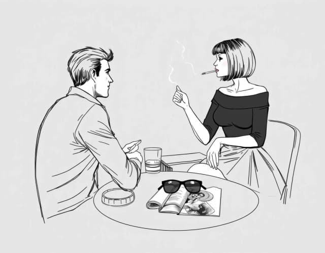 A gray background, a sketchy outline with thin, transparent lines, a very handsome 30-year-old Slavic man sitting at a table in profile at the bar, with a newspaper, a glass of whiskey, and an ashtray with a cigarette on the table. Across from him sits a very beautiful young woman, resembling 23-year-old Megan Fox, with dark hair cut into a bob with bangs, wearing a very fashionable short, full skirt and a black, off-the-shoulder, three-quarter-length sleeve top. She's smoking a thin cigarette. On the table in front of her lies a fashion magazine, topped with a pair of stylish sunglasses. The man and woman look at each other. Vicente Romero Redondo, Lee Bogle, Konstantin Razumov, Harrison Fisher.