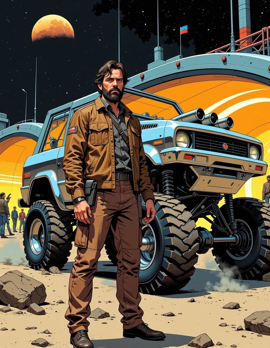 A masterpiece,  in the style of the 1980s, with bold lines, dynamic strokes and rich textures, on background with a touch of nostalgia, perhaps with subtle drawings inspired by cellulose and vintage, worn textures similar to paper, oil painting, A cinematic retro-futuristic scene: a rugged, bearded man in a worn brown leather jacket and cargo pants stands beside a gleaming chrome off-road vehicle with massive treaded tires, three-quarter low-angle view emphasizing scale and power. Polished metal reflects the curving lunar terminal lights and distant starfield; subtle scratches, smudges, and dust on metal, mud on tires, realistic leather texture and stitching on jacket, visible watch and utility belt. Background: sweeping arched spaceport architecture bathed in warm interior lights, people and small rovers in silhouette, a ringed moon visible in the night sky. Dramatic rim and moonlight mixed with warm artificial glow, volumetric light, soft fog near ground, high contrast, cinematic color grade—cool silvers and warm amber highlights. Hyper-detailed digital painting / photoreal concept art, sharp focal point on man and vehicle, shallow depth of field background, intricate reflections, realistic materials, ultra-high resolution, dynamic composition, moody adventurous atmosphere.