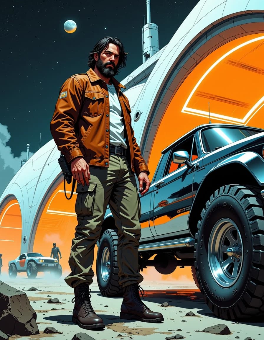 A masterpiece,  in the style of the 1980s, with bold lines, dynamic strokes and rich textures, on background with a touch of nostalgia, perhaps with subtle drawings inspired by cellulose and vintage, worn textures similar to paper, oil painting, A cinematic retro-futuristic scene: a rugged, bearded man in a worn brown leather jacket and cargo pants stands beside a gleaming chrome off-road vehicle with massive treaded tires, three-quarter low-angle view emphasizing scale and power. Polished metal reflects the curving lunar terminal lights and distant starfield; subtle scratches, smudges, and dust on metal, mud on tires, realistic leather texture and stitching on jacket, visible watch and utility belt. Background: sweeping arched spaceport architecture bathed in warm interior lights, people and small rovers in silhouette, a ringed moon visible in the night sky. Dramatic rim and moonlight mixed with warm artificial glow, volumetric light, soft fog near ground, high contrast, cinematic color grade—cool silvers and warm amber highlights. Hyper-detailed digital painting / photoreal concept art, sharp focal point on man and vehicle, shallow depth of field background, intricate reflections, realistic materials, ultra-high resolution, dynamic composition, moody adventurous atmosphere.