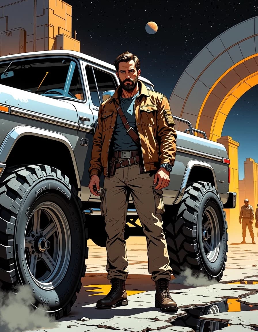 A masterpiece,  in the style of the 1980s, with bold lines, dynamic strokes and rich textures, on background with a touch of nostalgia, perhaps with subtle drawings inspired by cellulose and vintage, worn textures similar to paper, oil painting, A cinematic retro-futuristic scene: a rugged, bearded man in a worn brown leather jacket and cargo pants stands beside a gleaming chrome off-road vehicle with massive treaded tires, three-quarter low-angle view emphasizing scale and power. Polished metal reflects the curving lunar terminal lights and distant starfield; subtle scratches, smudges, and dust on metal, mud on tires, realistic leather texture and stitching on jacket, visible watch and utility belt. Background: sweeping arched spaceport architecture bathed in warm interior lights, people and small rovers in silhouette, a ringed moon visible in the night sky. Dramatic rim and moonlight mixed with warm artificial glow, volumetric light, soft fog near ground, high contrast, cinematic color grade—cool silvers and warm amber highlights. Hyper-detailed digital painting / photoreal concept art, sharp focal point on man and vehicle, shallow depth of field background, intricate reflections, realistic materials, ultra-high resolution, dynamic composition, moody adventurous atmosphere.
