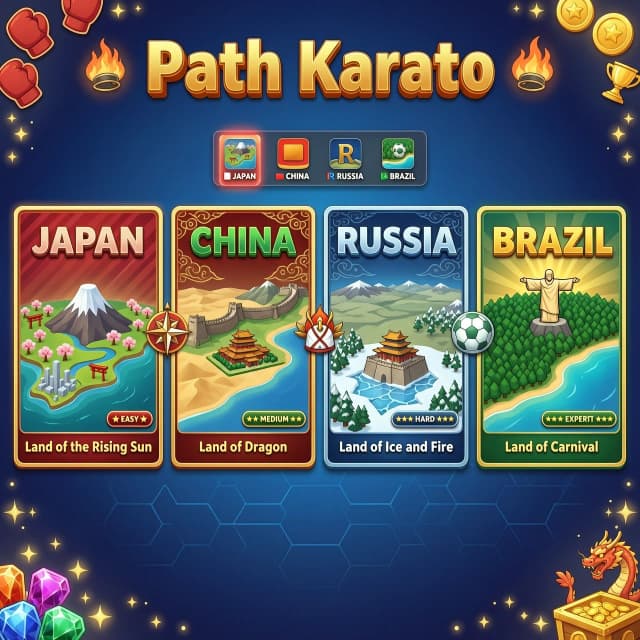 Create a map of 4 fictional countries for the Roblox game Path Karate. The name of the country on the left is Japan in 3D.