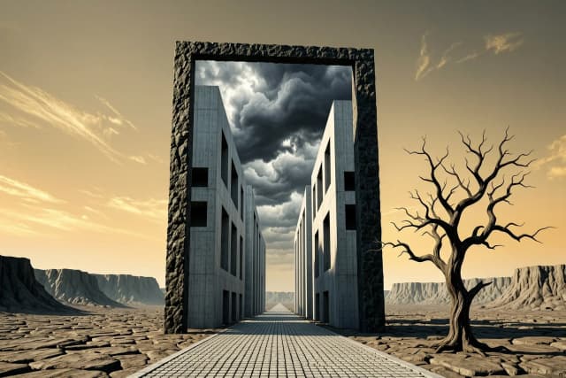 A powerful dark neosurrealist digital art masterpiece in the distinct style of Peter Gric. In a vast, desolate desert canyon under a hazy golden sunset sky, a monumental 3D rectangular monolithic portal stands in the center. The portal has a rough, dark stone texture on its side, but its front face reveals a jaw-dropping inner world: two colossal, smooth grey concrete brutalist megastructures and towering vertical monoliths rise symmetrically on both sides of a straight cobblestone road. The concrete walls feature dark, deep rectangular architectural cutouts and openings, stretching upwards into a dense vortex of heavy, swirling storm clouds. Outside the portal, an ancient, deeply twisted and gnarled leafless winter tree stands solitary on the cracked, stony ground. High-contrast chiaroscuro lighting, sterile and clean geometric lines blending with natural textures, hyper-detailed, 8k, --ar 16:9.
