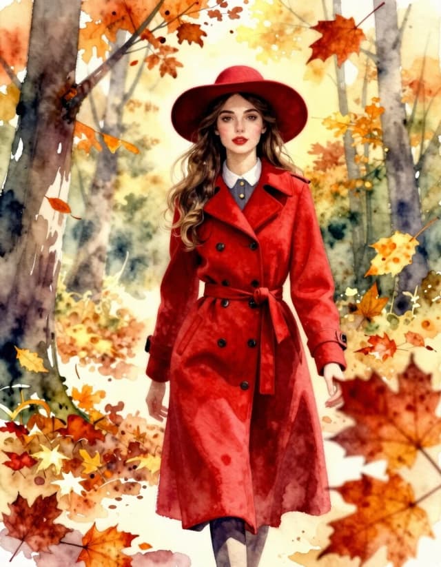 A masterpiece. Creating an image. The style is watercolor painting.((How would artificial intelligence depict the main beautiful girl in a red coat and hat walking through a fabulous autumn forest, a sunny day and autumn leaves falling:1.6)). High resolution. High detail and clear texture. Close-up. High quality. Increased attention to small details. The aspect ratio is 3:4. To the artist - Levitanur