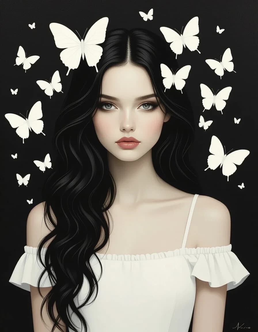 Black and white minimalism, conceptualism, flat painting, pale young beautiful European woman of Slavic type 23 years old, long hair, dark, slightly wavy, fluffy white butterfly on her hair, in a white dress with thin straps, white butterflies over surrealism, naturalness, dark background,