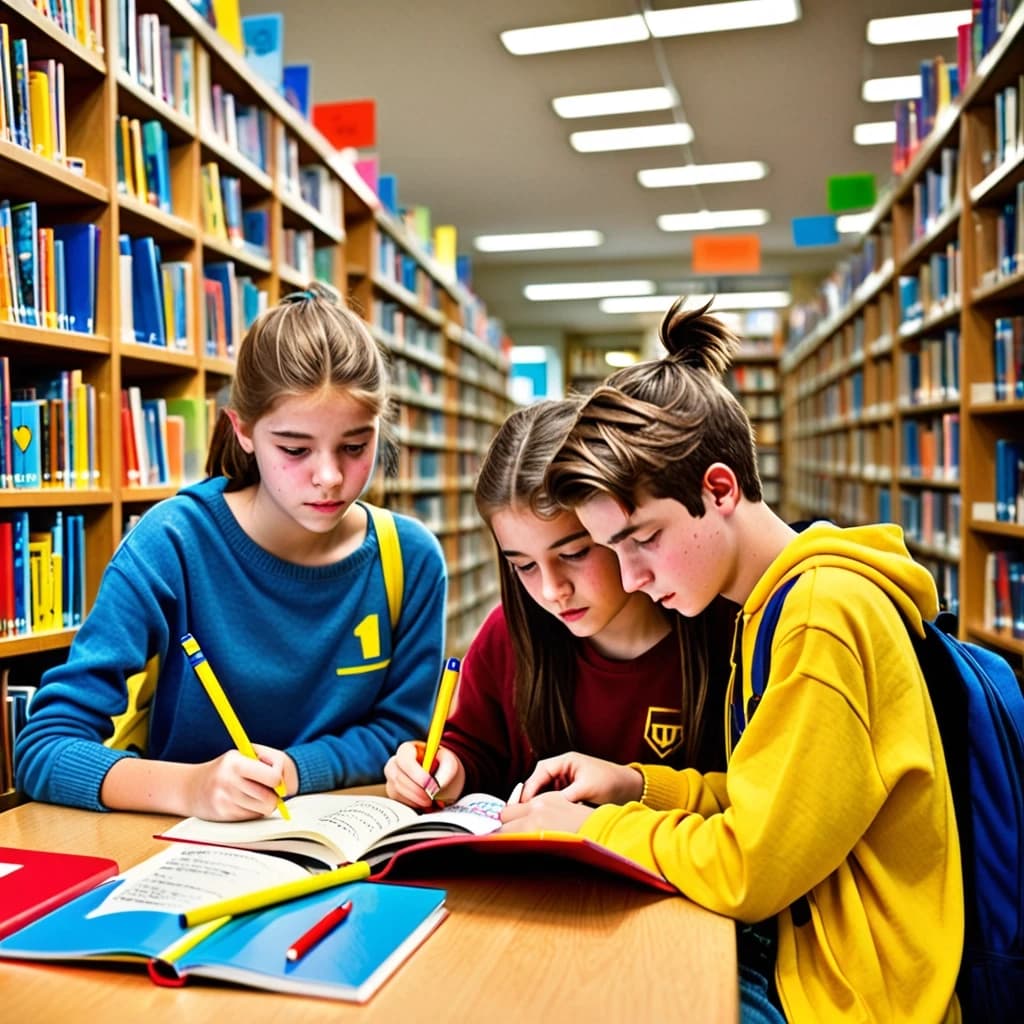 В уютной школьной библиотеке три подростка 14-15 лет читают книги и журналы. Один подросток держит яркий желтый маркер и подчеркивает строки в книге синего цвета. Второй подросток делает на полях заметки красной ручкой - маленькие знаки: плюс, минус, стрелка и восклицательный знак.
Третий подросток смотрит в текст и задумчиво трет подбородок. На столе лежат плотные листы бумаги с таблицей «Знаю - Хочу узнать - Узнал». Часть таблицы уже заполнена аккуратным почерком.