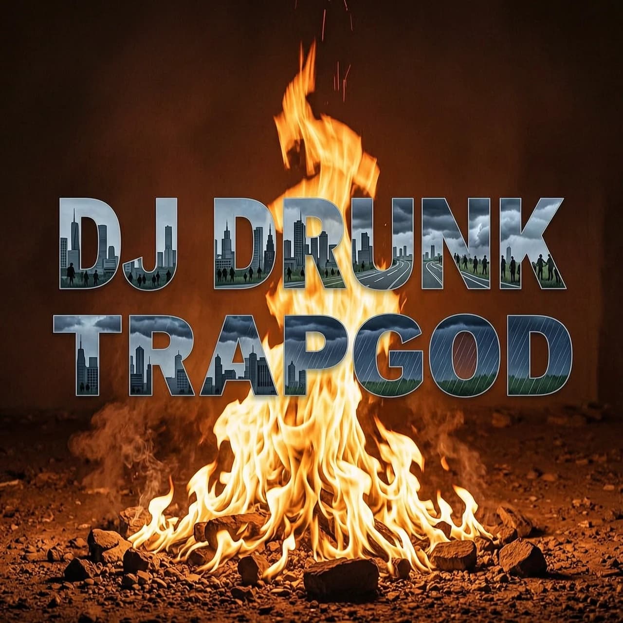 Стиль - фотореализм 

DJ Drunk - It's A TRAPGOD 

ФОН - огонь необычной формы 

Не используй людей и микшерный пультр на фото.
Использвуй только огонь 

Шрифт сделай прозрачным но видимым. 


ШРИФТ ПРОЗРАЧНЫЙ (внутри шрифта должны быть изображены - город,тусовка,дорога,гроза,дождь,ночь) ШРИФТ ДОЛЖЕН БЫТЬ ТЕМНЫЙ