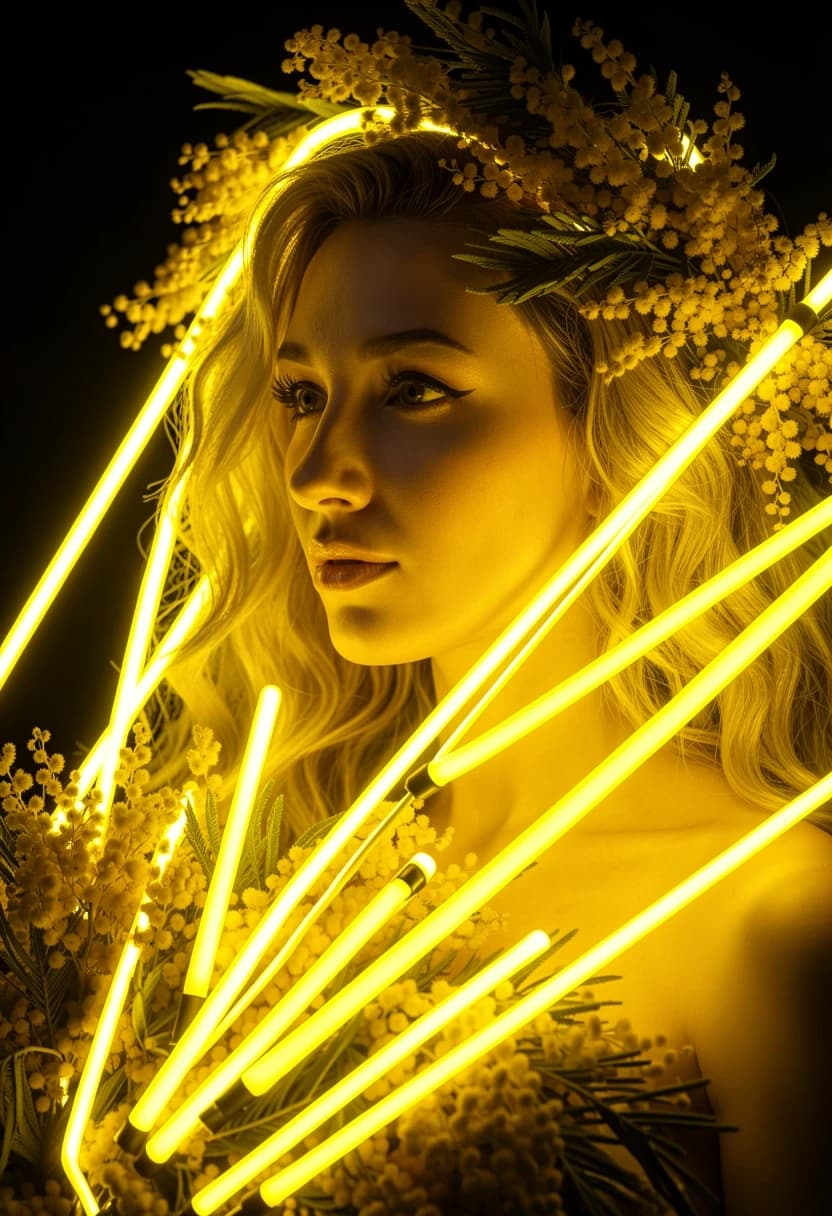 High-quality cinematic photo of a girl, with thick glowing yellow LED neon tubes overlayed on top of the mimosa flowers. Long continuous neon light lines, vibrant realistic commercial neon sign tubes, intense electric yellow luminescence, 3D neon glow effects, dark contrast background, perfect face preservation