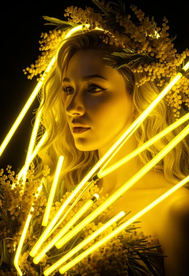 High-quality cinematic photo of a girl, with thick glowing yellow LED neon tubes overlayed on top of the mimosa flowers. Long continuous neon light lines, vibrant realistic commercial neon sign tubes, intense electric yellow luminescence, 3D neon glow effects, dark contrast background, perfect face preservation