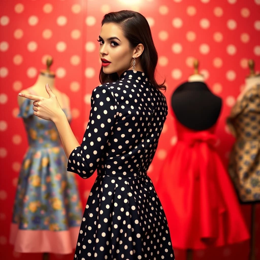Suggest polka-dot dress styles by turning your back to the viewer and looking over your shoulder with your mouth open to point at yourself