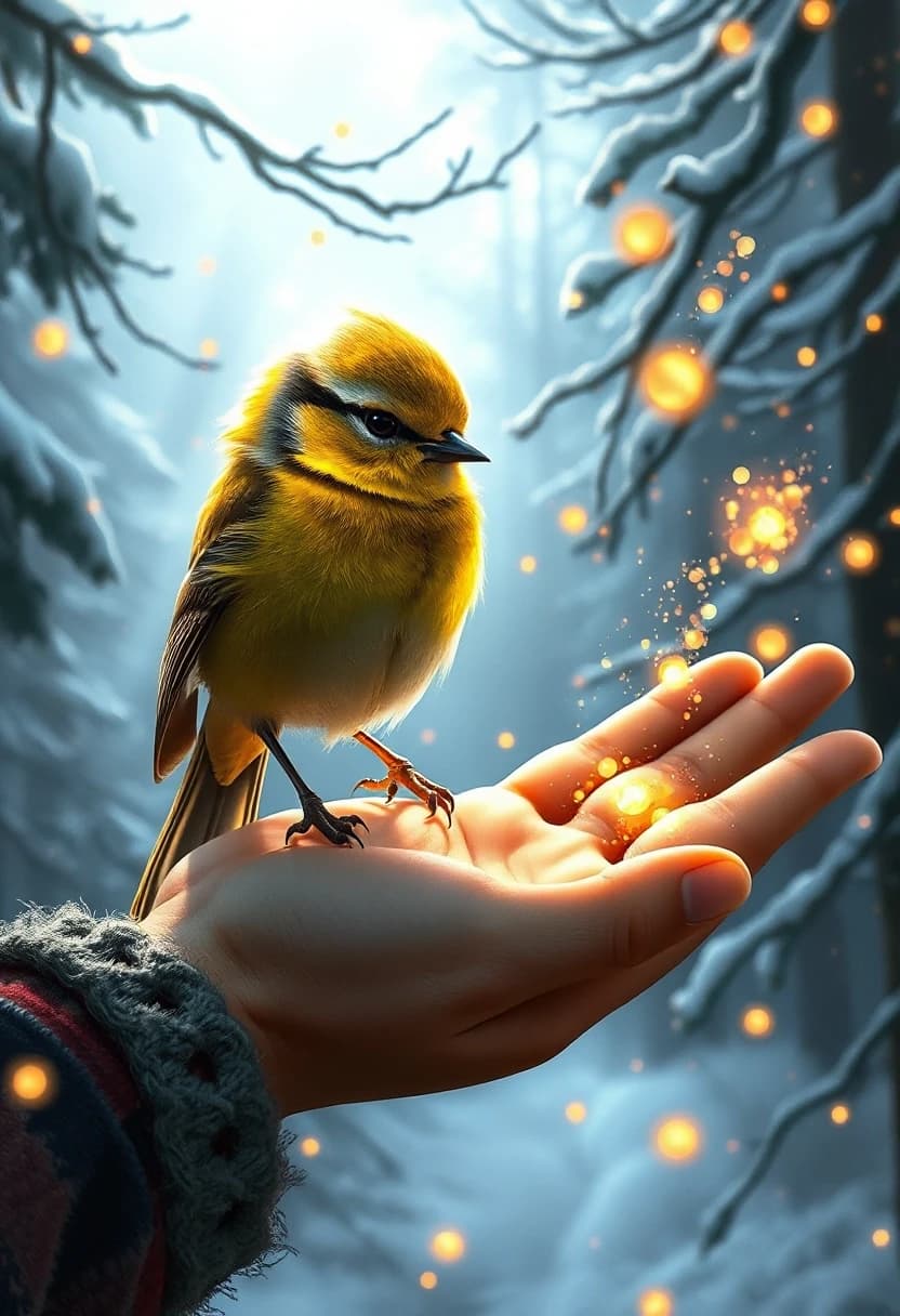 Fantasy concept art, a mystical golden tit bird perched on a human hand, glowing magical particles floating around, ethereal lighting, enchanted winter forest in the background, vibrant colors, highly detailed, masterwork --ar 3:4