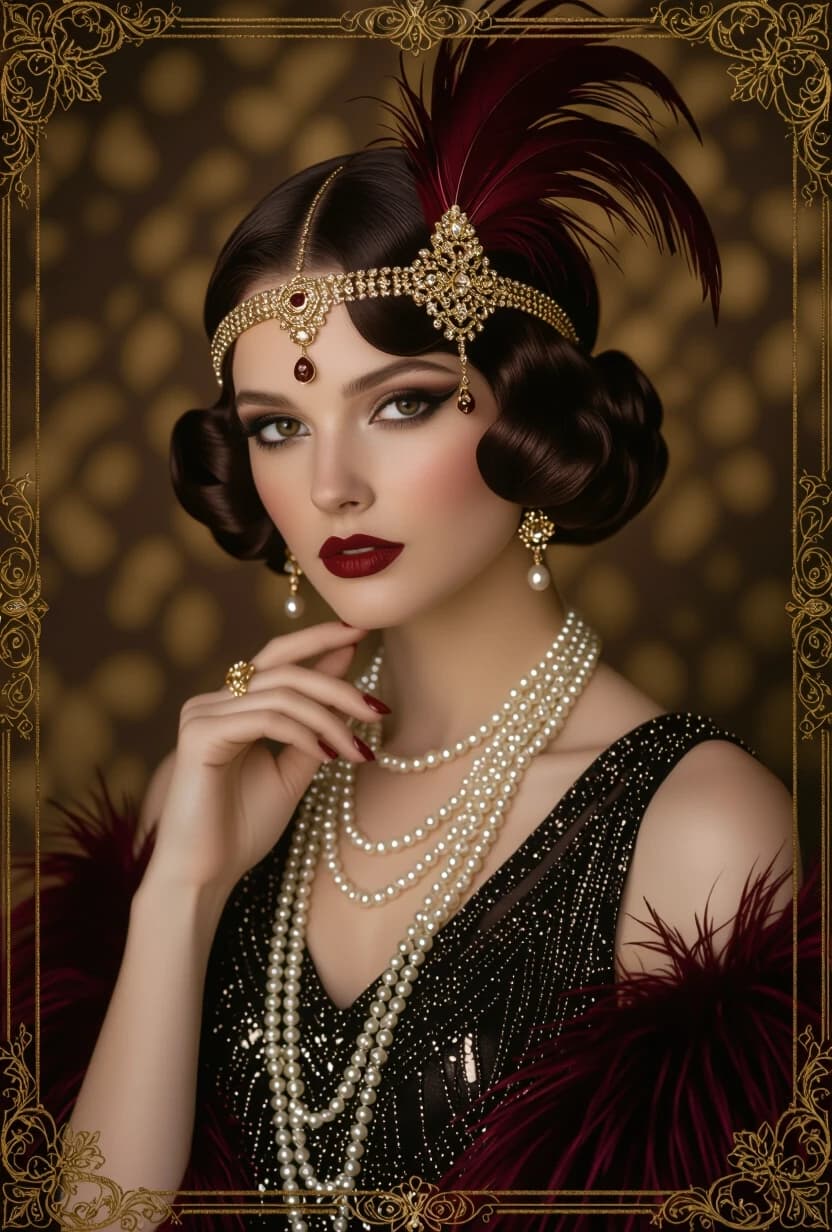 Elegant flapper woman with deep brunette finger waves hairstyle, wearing an intricate gold jeweled headpiece with a large burgundy feather aigrette, poised with a hand near her chin, opulent black sequined evening gown, layered pearl necklaces with gold ornaments, deep red feather boa draped over shoulders, rich golden textured background with ornate vintage frame elements, medium close-up portrait, soft glamorous studio lighting with subtle rim light on the hair, cinematic vintage glamour style, Art Deco aesthetic, deep burgundy, gold, and obsidian black color palette, sophisticated and seductive mood, hyper-detailed textures of feathers and pearls, 8k resolution, highly polished finish