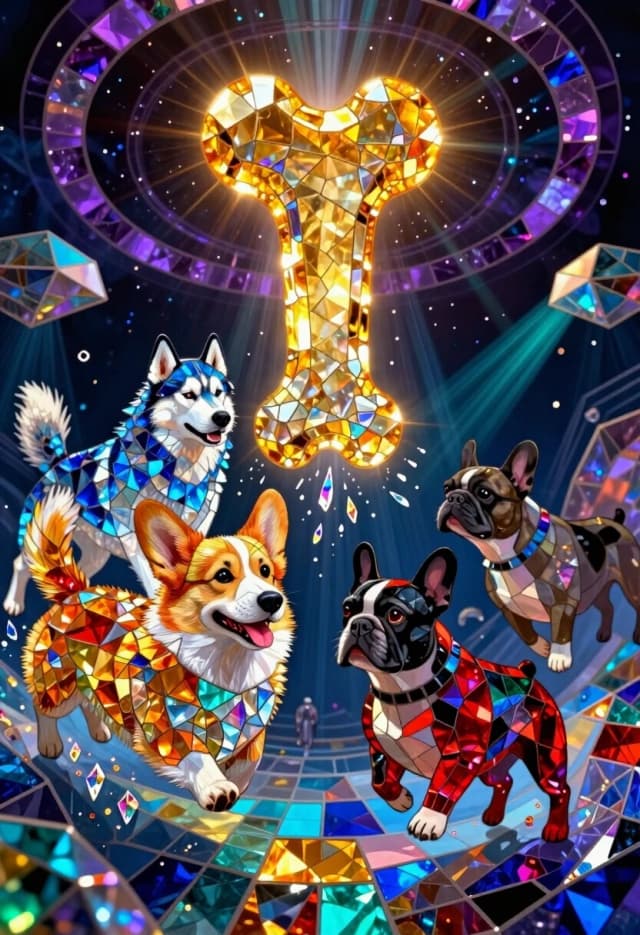 A breathtaking surreal masterpiece in the Luminous Crystal Mosaic Style. The scene depicts an absurd and epic canine competition: a group of diverse dogs—a spirited Corgi, a majestic Husky, and a determined French Bulldog—leaping through a kaleidoscopic void in a race toward a giant, glowing "Golden Bone" made of pure, radiating solar crystal.The entire composition is rendered as a luminous stained glass mural, where every muscle, every strand of fur, and every expression of competitive passion is composed of millions of tiny, iridescent crystal shards and translucent glass tesserae. The Corgi's fur is a shimmering explosion of amber and orange shards, the Husky is a cascade of electric sapphire and diamond-white fragments, and the Bulldog is a bold mix of ruby-red and obsidian glass.The environment is a cosmic arena of floating, iridescent geometric platforms and swirling rings of violet glass, creating an extreme depth of perspective. The lighting is a masterclass in contrast: the blinding, warm golden radiance of the Solar Bone clashes with the cold, neon-teal and deep indigo of the surrounding void. Volumetric beams of prismatic light pierce through the characters, creating a "rim light" effect that makes their crystalline silhouettes pop against the darkness.Every element sparkles with prismatic reflections; where the dogs' paws touch the air, tiny shards of iridescent glass shatter and float away like frozen sparks. The image is a symphony of vibrant colors, internal luminescence, and intricate glass textures, blending the raw energy of a race with the timeless elegance of a jeweled mosaic.Keywords: Luminous Crystal Mosaic Style, iridescent glass tesserae, canine competition, solar crystal glow, prismatic light reflections, volumetric neon lighting, high-contrast cosmic void, hyper-detailed crystalline fur, surreal athletic energy, 8k resolution.