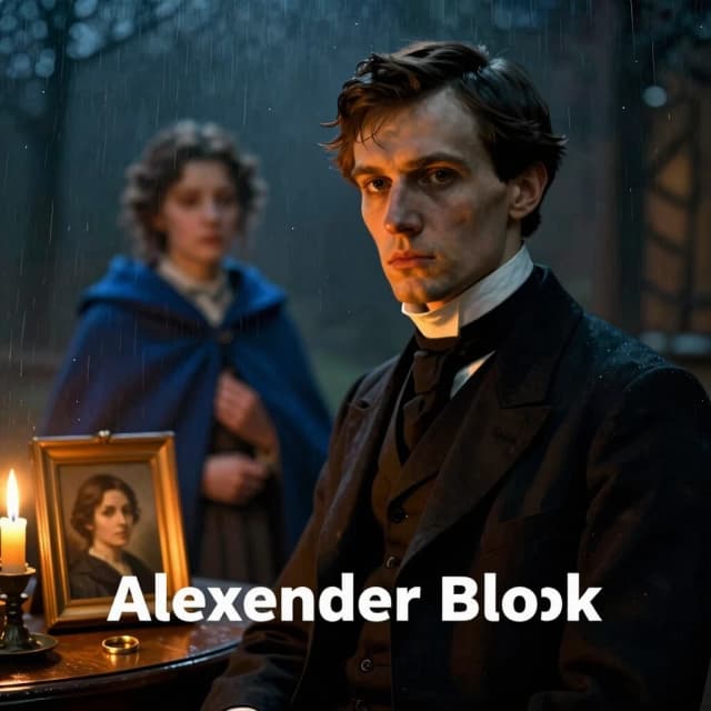 Horizontal title card, 16:9 aspect ratio. A refined, atmospheric portrait of Russian poet Alexander Blok — tall, thin, with sharp aristocratic features, high forehead, deep-set melancholic eyes, neatly combed dark hair parted to the side. He wears a dark suit with a high white collar. The portrait is rendered in a painterly, slightly impressionistic style with warm amber and deep blue tones. Behind him, faintly visible in soft focus, a woman wrapped in a blue cloak fades into a misty, rainy night. In the foreground, on a wooden table, a small framed portrait of a woman's face glows in warm candlelight. A golden ring lies beside it. The overall mood is elegiac, nostalgic, deeply poetic. Soft vignette at the edges. Cinematic lighting, golden-hour warmth mixed with cold blue shadows. Film grain, muted palette. Space reserved in the upper or lower third for title text overlay. Style: oil painting meets cinematic still frame.