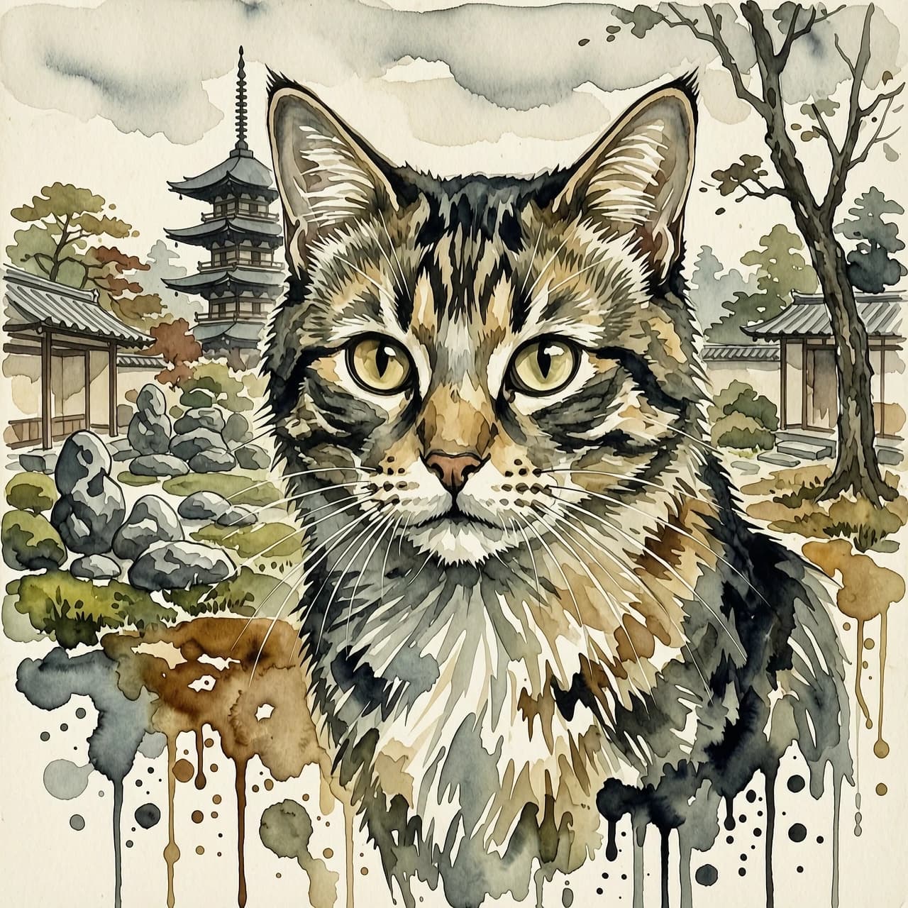 A masterpiece. The painting is done in watercolors. (Double exposure:1.8). (Portrait of a fabulously beautiful cat:1.8). In the background, there are views of Japan at that time: a pagoda, a garden of stones. The whole painting is united by an old autumn city landscape. High quality. High resolution. Increased attention to small details, clear contours. Intense close-up. Bold strokes, drips, spots. Watercolor style. Artist: Levitan, Sergey Andriaka.