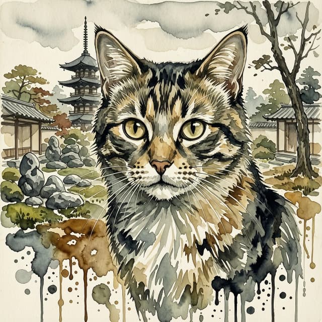 A masterpiece. The painting is done in watercolors. (Double exposure:1.8). (Portrait of a fabulously beautiful cat:1.8). In the background, there are views of Japan at that time: a pagoda, a garden of stones. The whole painting is united by an old autumn city landscape. High quality. High resolution. Increased attention to small details, clear contours. Intense close-up. Bold strokes, drips, spots. Watercolor style. Artist: Levitan, Sergey Andriaka.