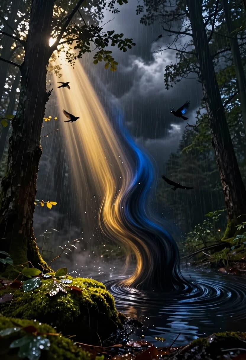 Photorealistic dynamic shot, 8K, high detail. A powerful beam of sunlight pierces through storm clouds and hits the ground in a forest clearing, illuminating wet leaves, dew, and moss with sparkling detail. As the beam touches the earth, it doesn’t stay light: it starts to twist, darken, and transform into a flowing stream of deep shadow that spreads outward like ripples in water.

The transition zone is mesmerizing: streaks of gold fade into deep indigo, then into black with faint glowing particles trapped inside the darkness. Trees on the edge of the transformation zone are half-bright, half-obscured, their bark and leaves showing extreme texture contrast. Birds scatter from the trees, captured mid-flight, adding motion.

Atmosphere: tense, magical, slightly ominous. Lighting: dramatic, high contrast, volumetric light, heavy rain mist, wind-blown foliage, dynamic composition with diagonal flow of energy. Style: photorealistic fantasy, visual metaphor of change, intense mood.