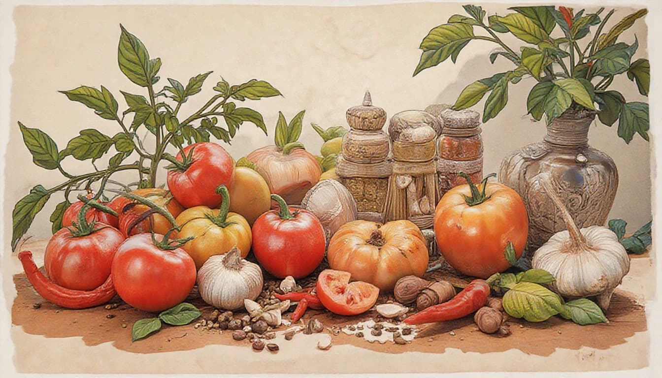 Фронтальный вид  с боку. Старая бумага.  Tomatos, basilik, чили перец, чеснок, пряности, специи, болгарский перец.