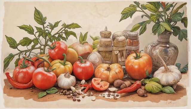 Фронтальный вид  с боку. Старая бумага.  Tomatos, basilik, чили перец, чеснок, пряности, специи, болгарский перец.