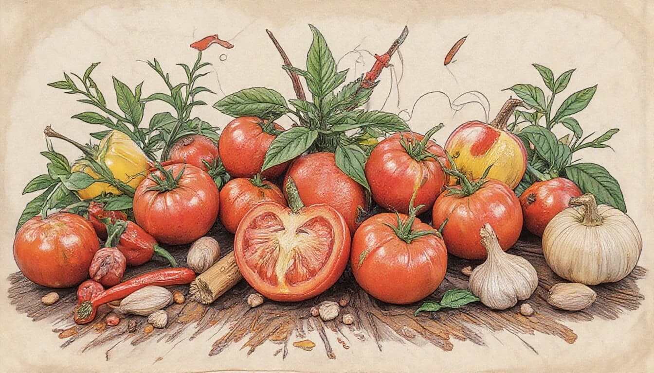 Фронтальный вид  с боку. Старая бумага.  Tomatos, basilik, чили перец, чеснок, пряности, специи, болгарский перец.