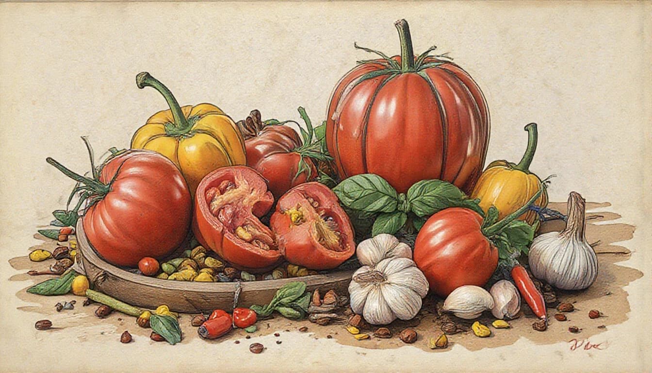 Фронтальный вид  с боку. Старая бумага.  Tomatos, basilik, чили перец, чеснок, пряности, специи, болгарский перец.