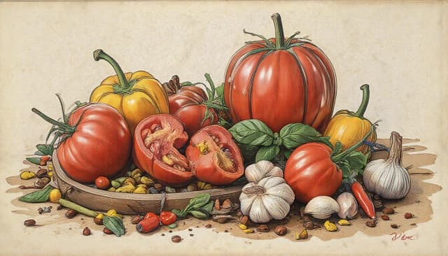 Фронтальный вид  с боку. Старая бумага.  Tomatos, basilik, чили перец, чеснок, пряности, специи, болгарский перец.